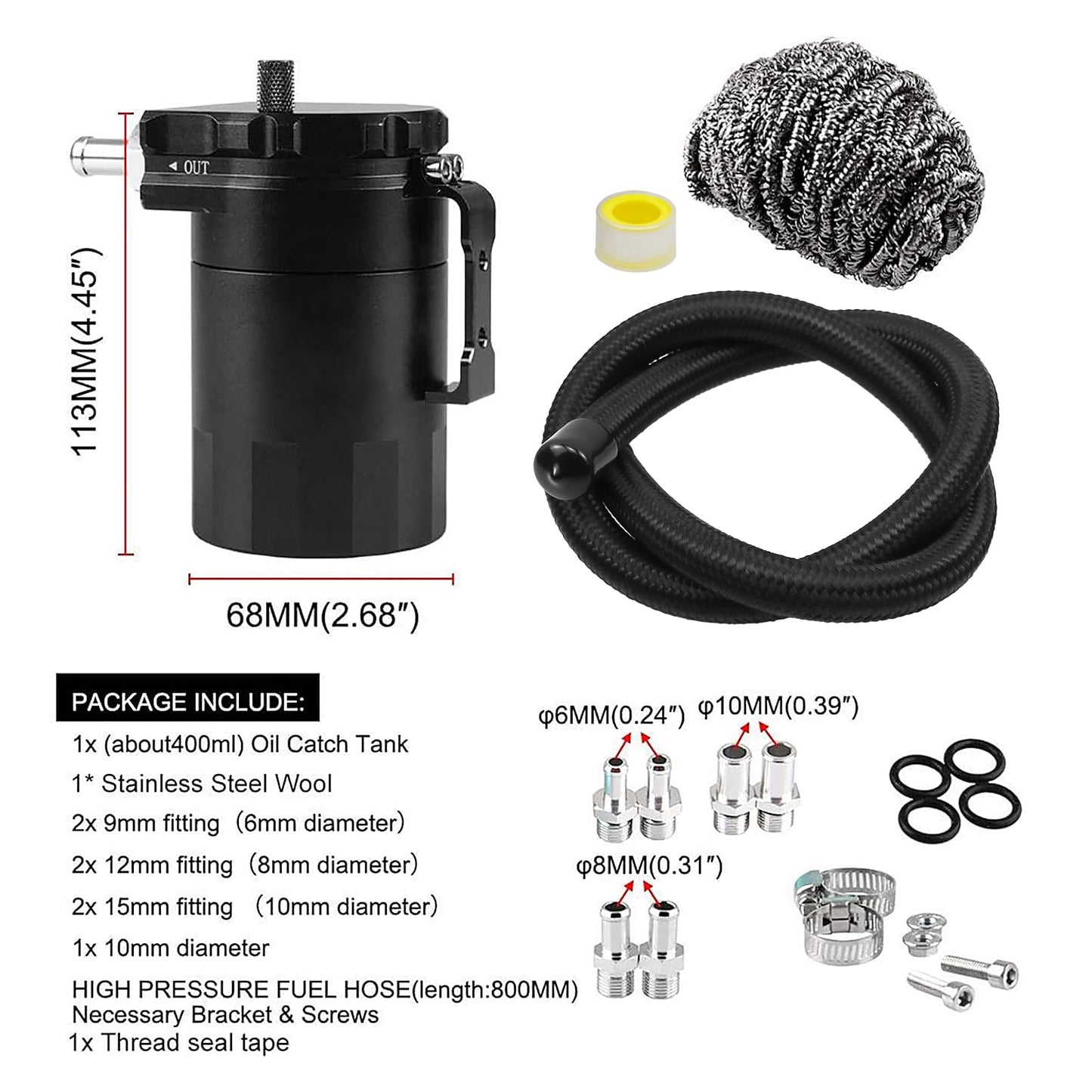 RULLINE Baffled Oil Catch Can Kit Reservoir Tank 350ml Oil Catch Tank Aluminum Universal Black