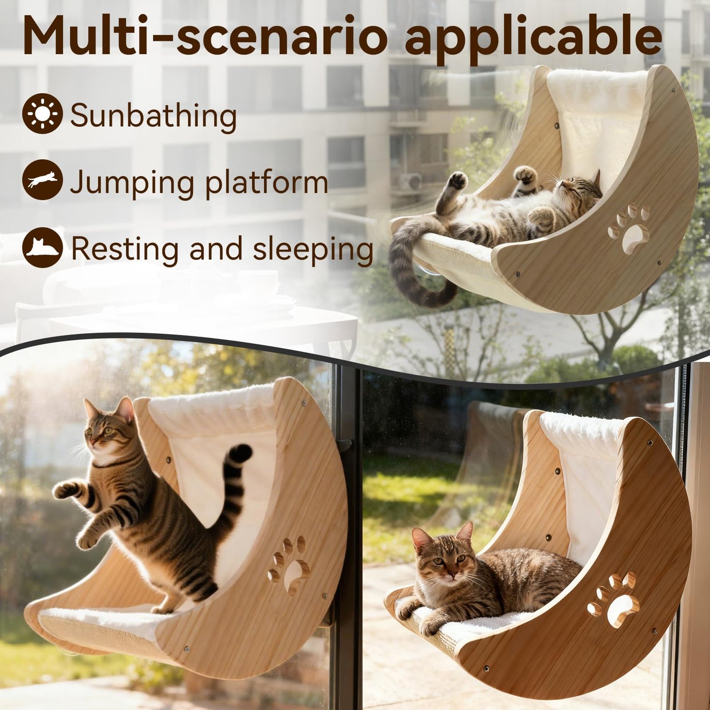 Cat Window Perch Cat Window Hammock Bed Wooden Moon Cat Shelves Mounted Strong Suction Cup Shelvesfor Sleep Watch Birds Sunbathing Holds 50 Pounds Comes with Warm Spacious Pet Bed