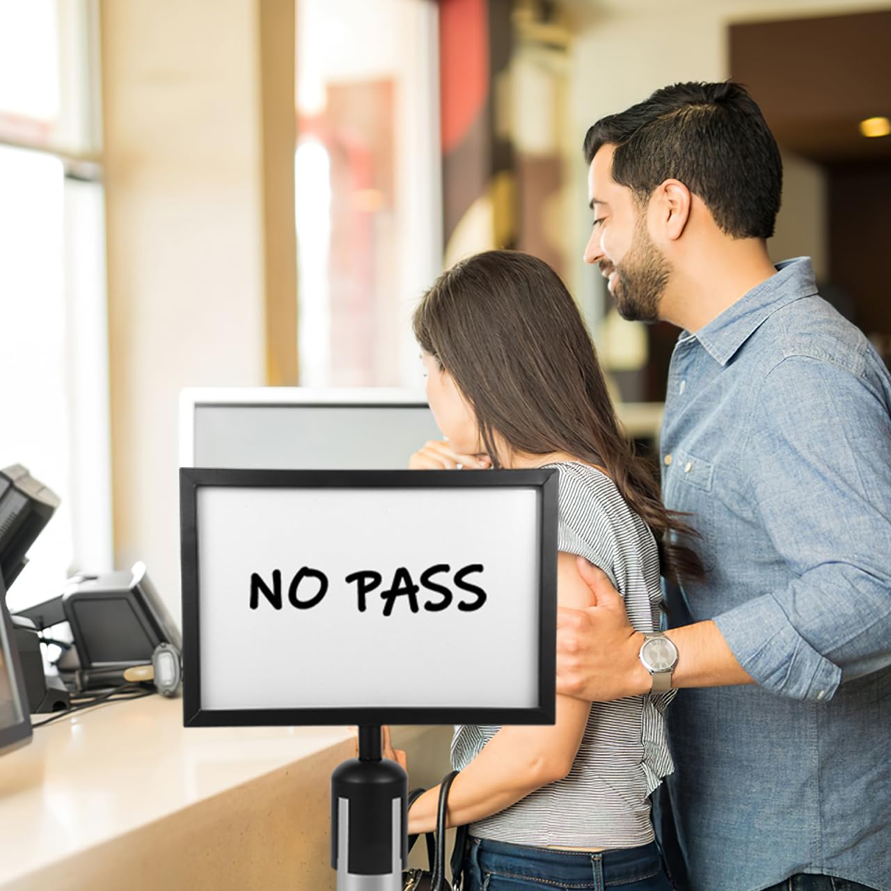 DIYEAH Stainless Steel Stanchion Sign Holder 12.6x12" | Black Queue Column Frame for Crowd Control Barrier | Stantion Topper for Retractable Belt Safety Poles