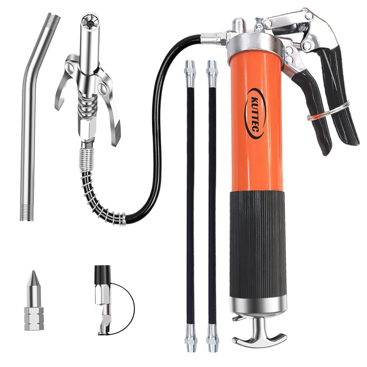 Kuttec Grease Gun，Professional 9000 PSI Heavy Duty 400 cc/14oz. Pistol Grip Grease Gun kit Include 1 Quick Release Coupler,1 Lock Coupler,1 Spring Flex Hose,2 Hose,1 Sharp Nozzle,1 Rigid Pipe.
