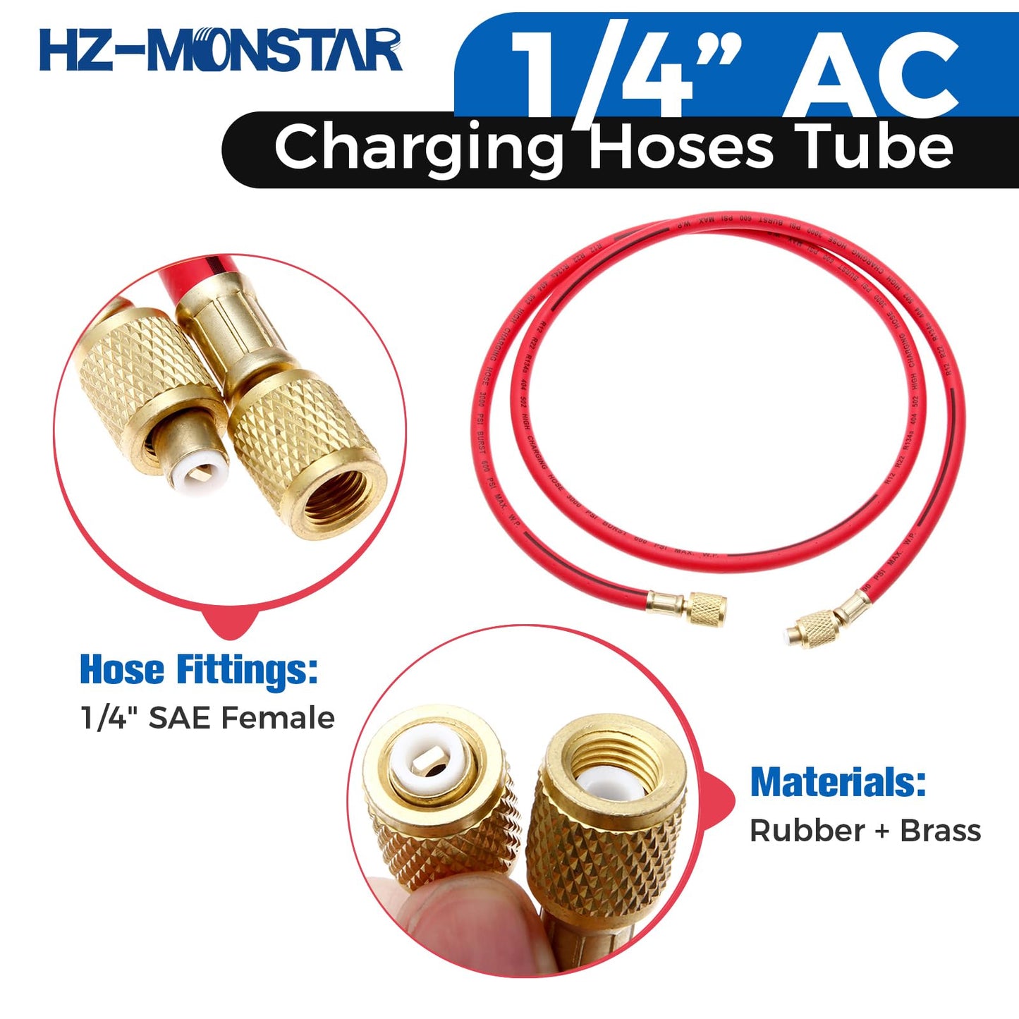 AC Charging Hoses Tube, 60" Refrigerant Charging Hose 1/4" SAE Thread Fits for R12 R22 R502 Car Air Conditioning and HVAC Manifold Gauge Hose Kit (3000~600) PSI