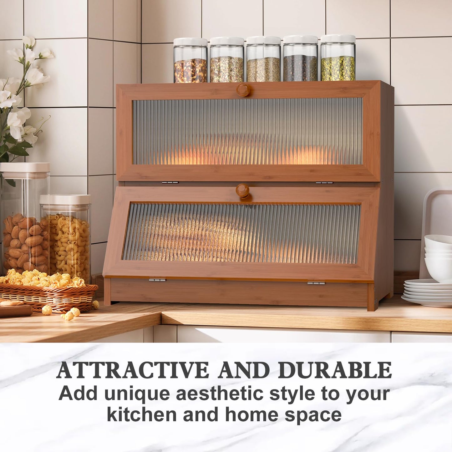 LOHASOK Double Layer Bamboo Bread Box for Kitchen Counter-Large Capacity Bread Storage Container Farmhouse Bread Box with Window Bread Holder (Brown)