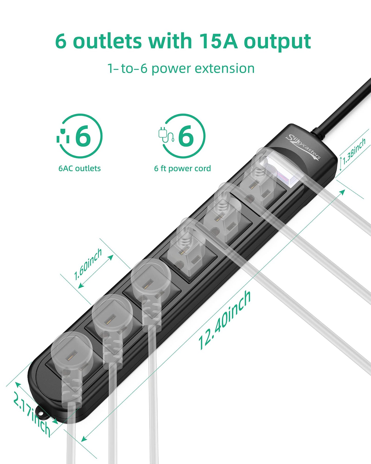 Outdoor Power Bar Waterproof, Weatherproof Surge Protector 6 Outlets, 6 FT Extension Cord, 1875W Overload Protection, Shockproof Outlet, Wall Mountable for Home, Kitchen, Bathroom, Garden, Patio