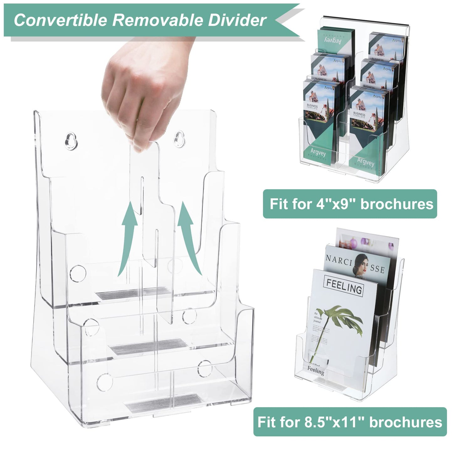 Acrylic Brochure Holder 8.5 x 11 inches, 3 Tier Clear Literature Holder with Removable Divider for Trifold 4 Inches Wide Pamphlet, Plastic Flyer Display Stand for Magazine, Document, Booklet