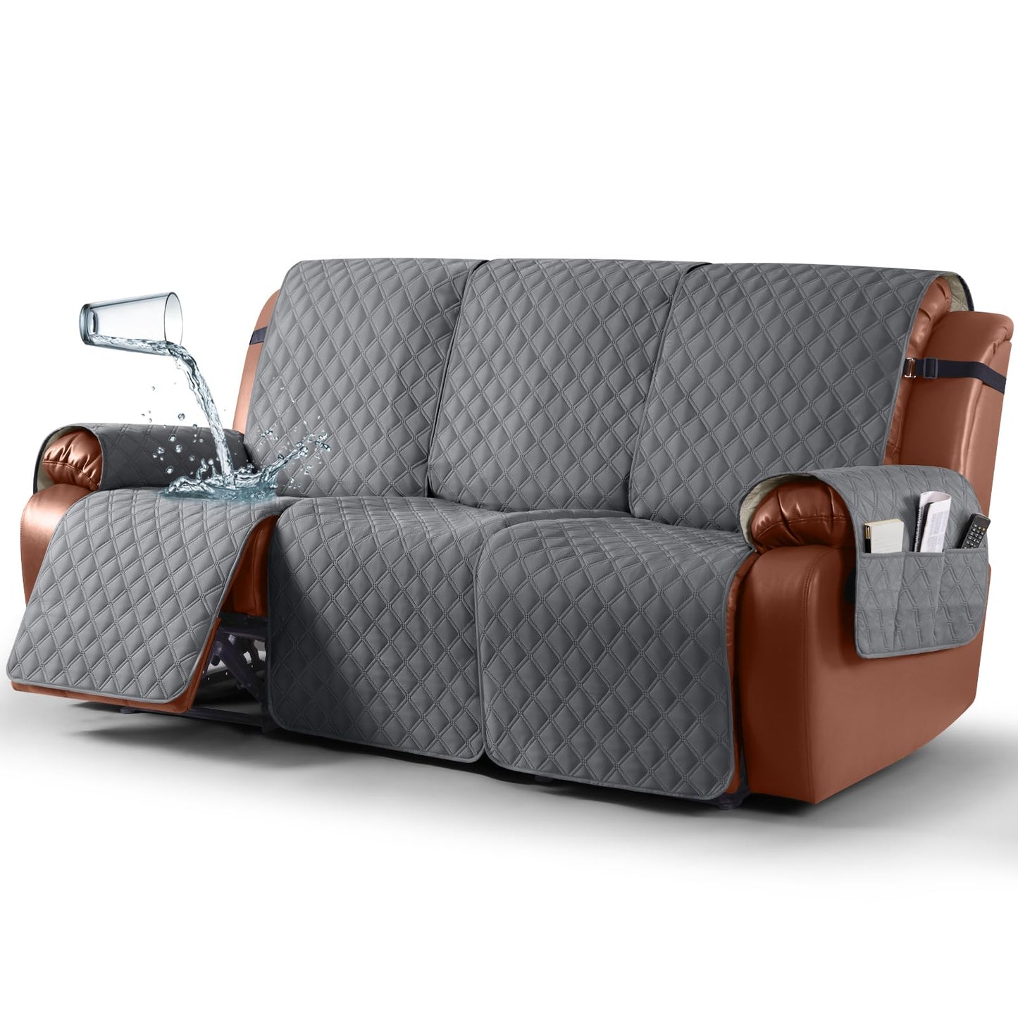 Ruaozz Waterproof Recliner Sofa Cover 1-Piece Couch Covers for Reclining Couches Reclining Sofa Cover Washable Furniture Protector with Elastic Straps Pocket for Kids, Pets (Dark Grey, 3 Seater)