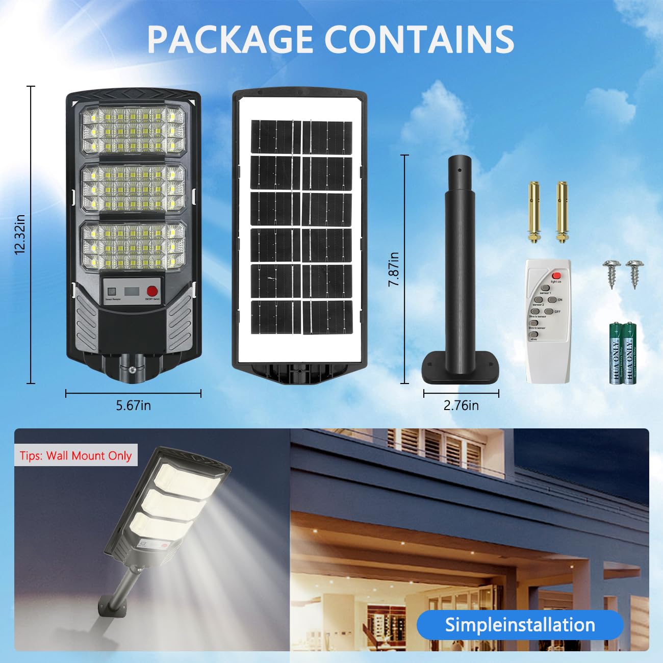 Solar Street Lights Outdoor, 8500K Solar Powered Driveway Light, LED Flood Motion Sensor Dusk Dawn Illumination Waterproof Mount Security Lights for Parking Lot, Backyard, Garage, Path, Countryside