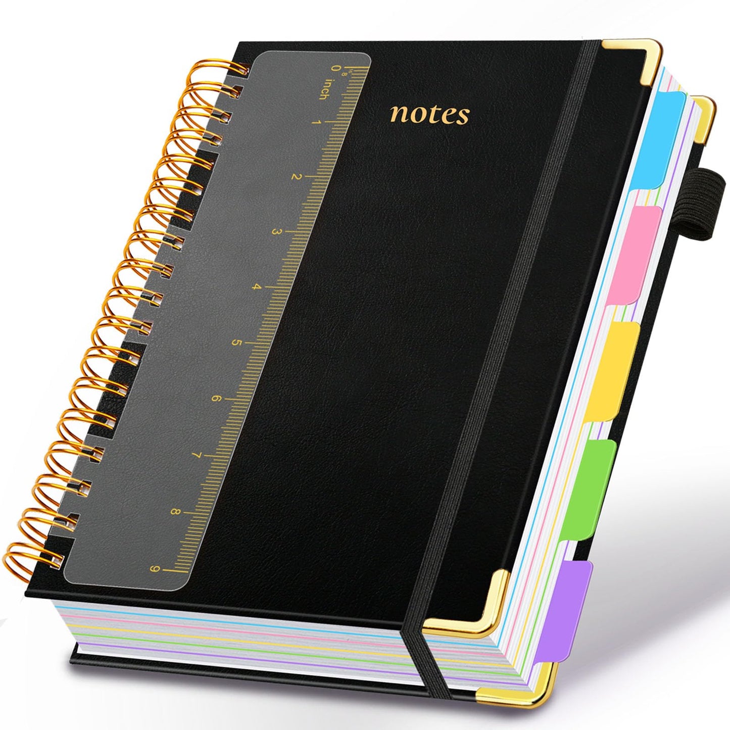 Hardcover Spiral Notebook 8"x10" Journal Notebook with Tabs and Removable Dividers 300 Pages 5 Subject Notebook College Ruled, Faux Leather Spiral Bound Notebook for Women, School Work(Black)