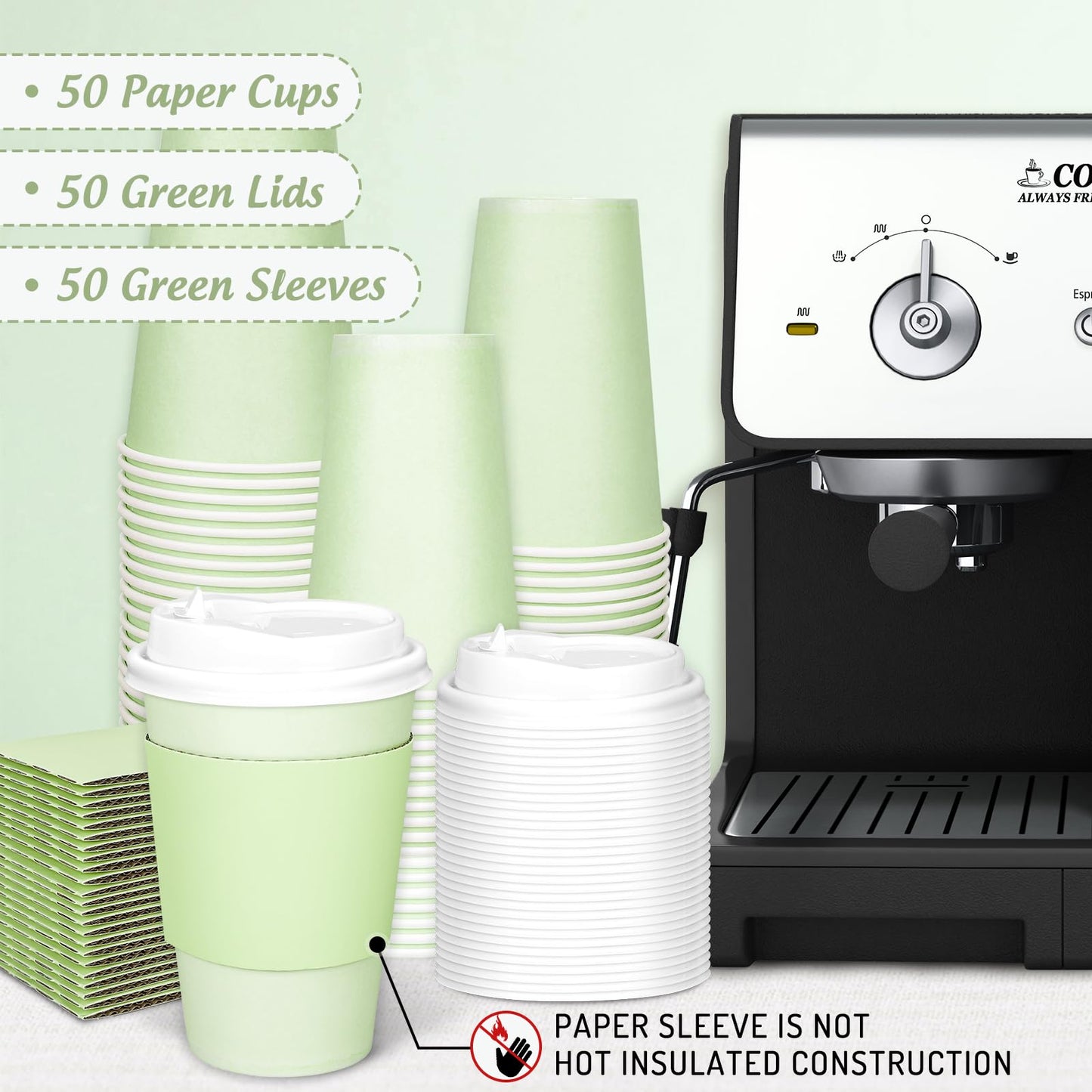 JarThenaAMCS 50Pcs St. Patrick's Day Green Disposable Coffee Cups with Lids and Sleeves 12oz Paper Drinking Cups for Wedding Birthday Baby Shower Bachelorette Party Supplies