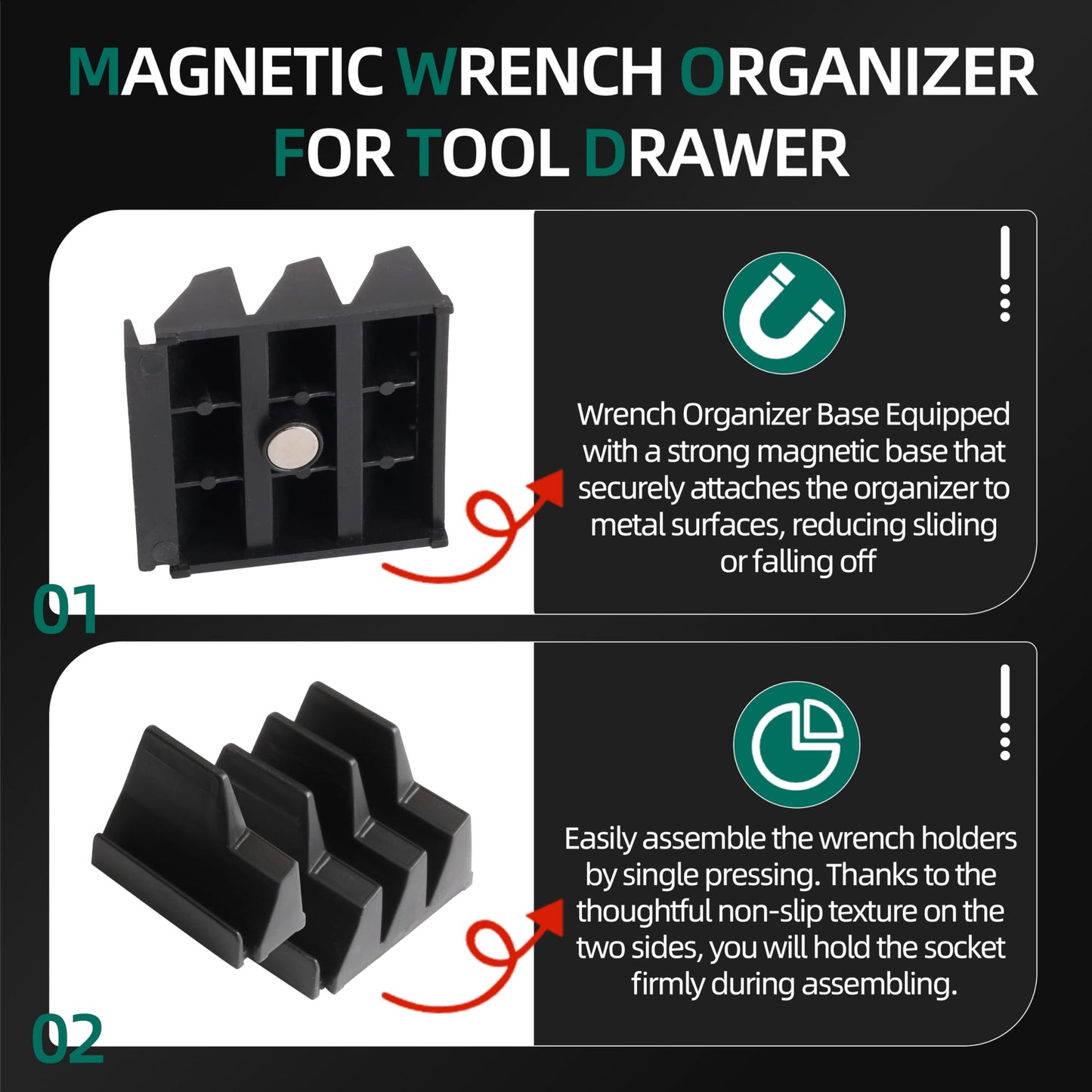 96 Pack Magnetic Wrench Organizer for Tool Drawer,Wrench Holder with Metric&SAE Label,Modular Tool Storage Rack for Screwdriver and Ratchet,Black with magnet,Strong Magnetic Base,gift for Mechanic Men