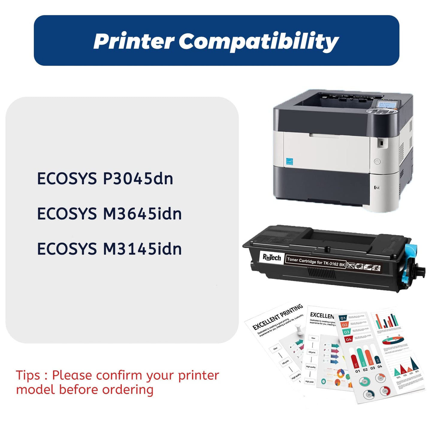 TK3162 TK-3162 Black Toner Cartridge, 1T02T90US0 Compatible for Kyocera ECOSYS P3045dn M3645idn M3145idn Printers, Extra High Capacity Up to 12,500 Pages,with Upgraded Chip,No Fading,No Streak