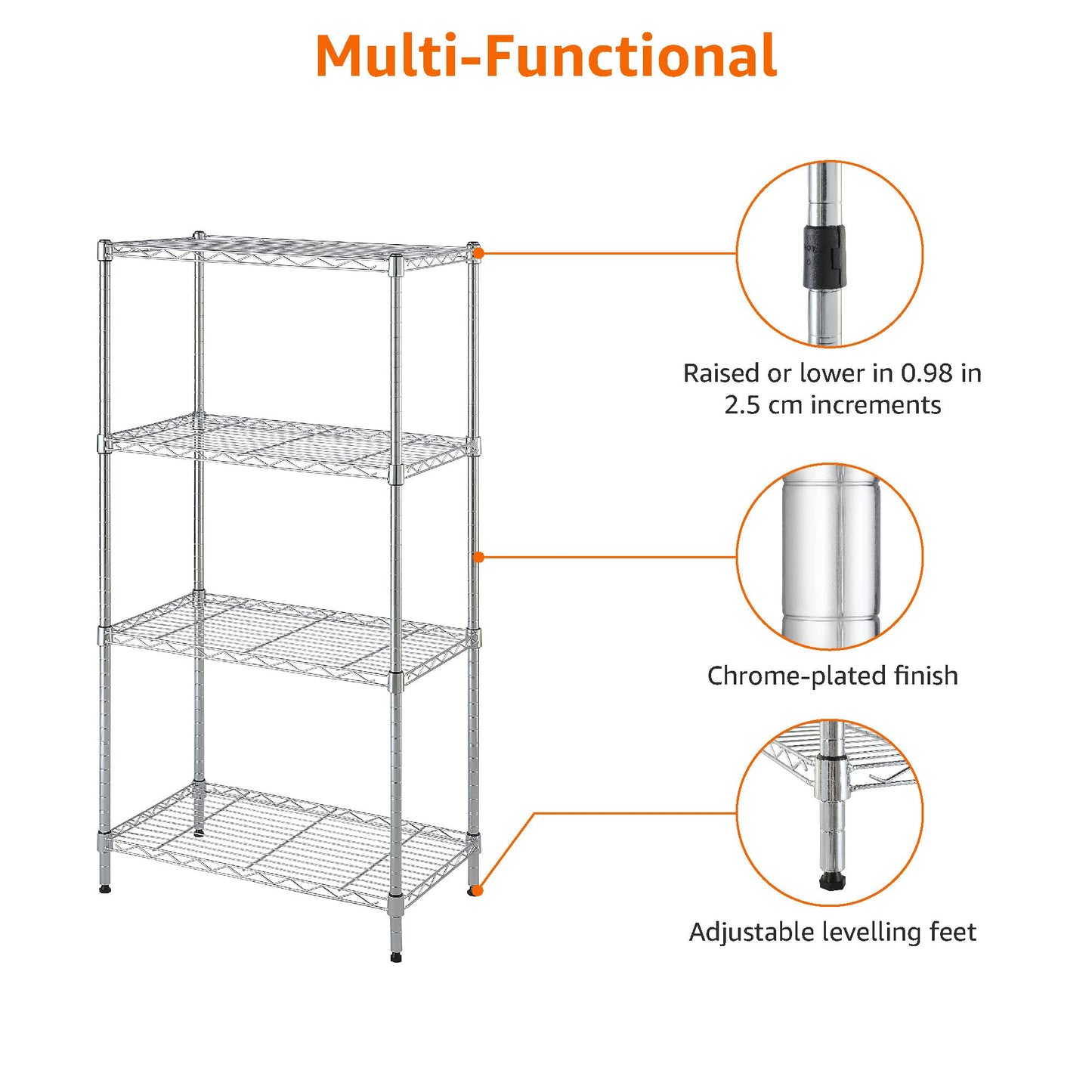 Amazon Basics 4-Shelf Adjustable Steel Storage Unit, 200 lb Capacity per Shelf, 34.04 cm D x 58.93 cm W x 121.92 cm H, Chrome