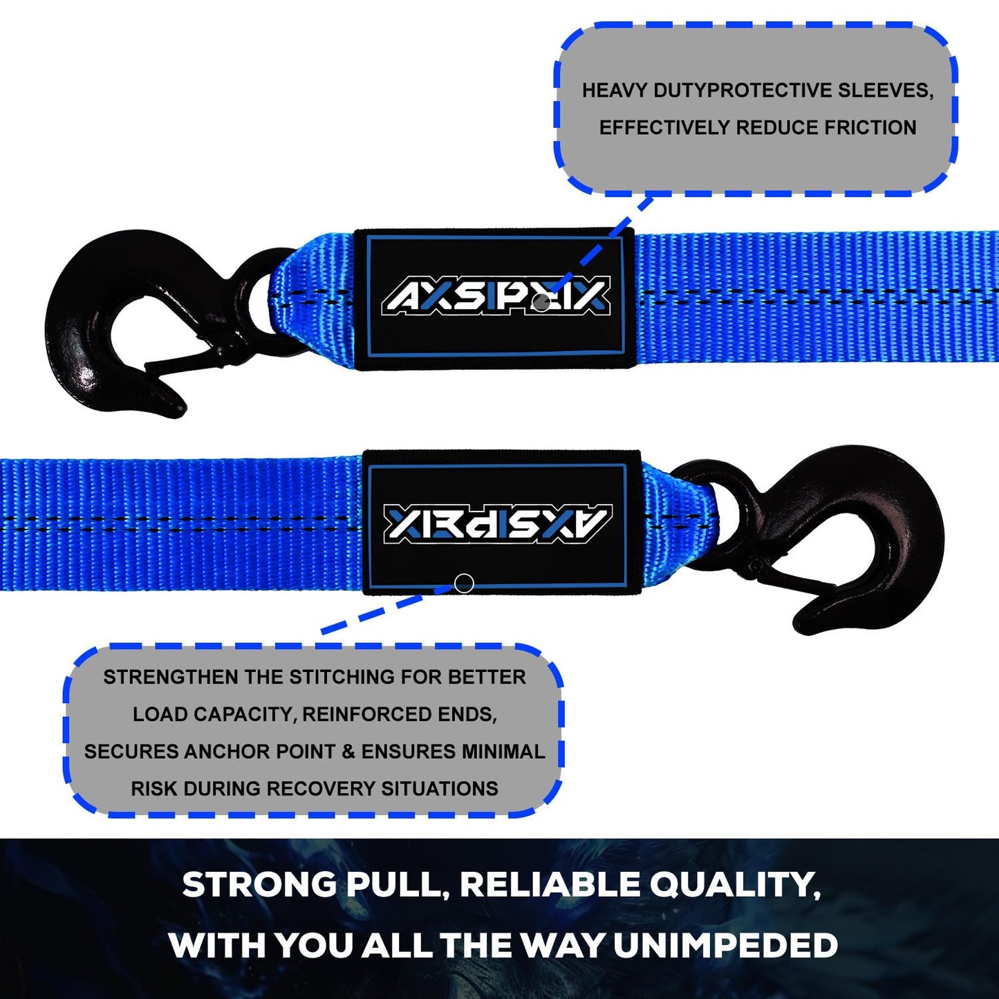 AXSIPEIX Nylon Tow Strap with Hooks Heavy Duty, 2”x20’(20,000lbs) Recovery Rope Car Tow Strap for UTV, ATV, Truck(Blue)