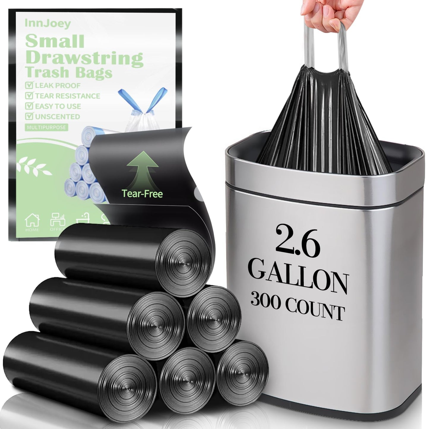 Small Trash Bags for 2.6-Gallon (10 L) Trash Cans, 300 Count Thick Pre-separated Garbage Bags, Mini Wastebasket can Liners for Bathroom Bedroom Office(Black)