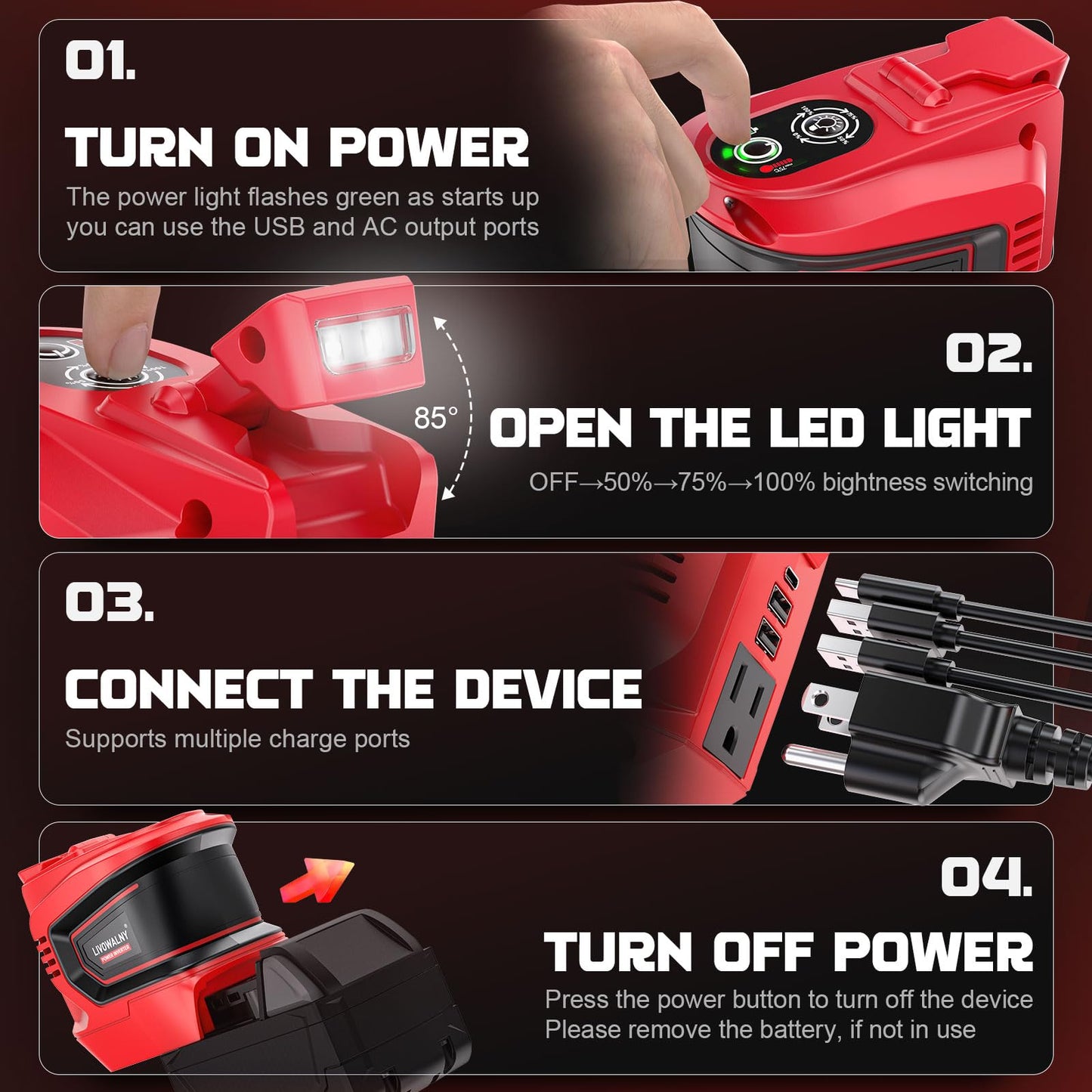 Real 200W Power Inverter Compatible with Milwaukee, DC 18V to AC 110-120V Battery Inverter, Portable Power Station Generator, Charger Adapter Battery Powered with 2 USB & 1 Type-C & 1 AC Outlet