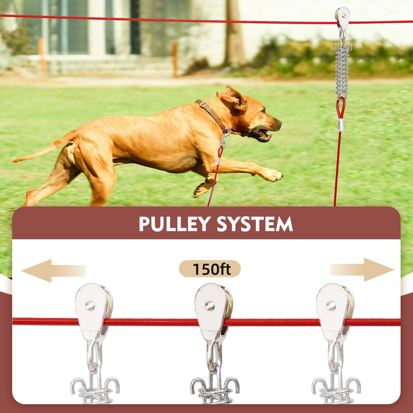 LUFFWELL 150FT Dog Runner for Yard with 10FT Tie Out Cable - Heavy Duty Trolley System for Large Dogs Up to 250LBS, Backyard/Park/Camping Use (Red, 150FT+10FT)