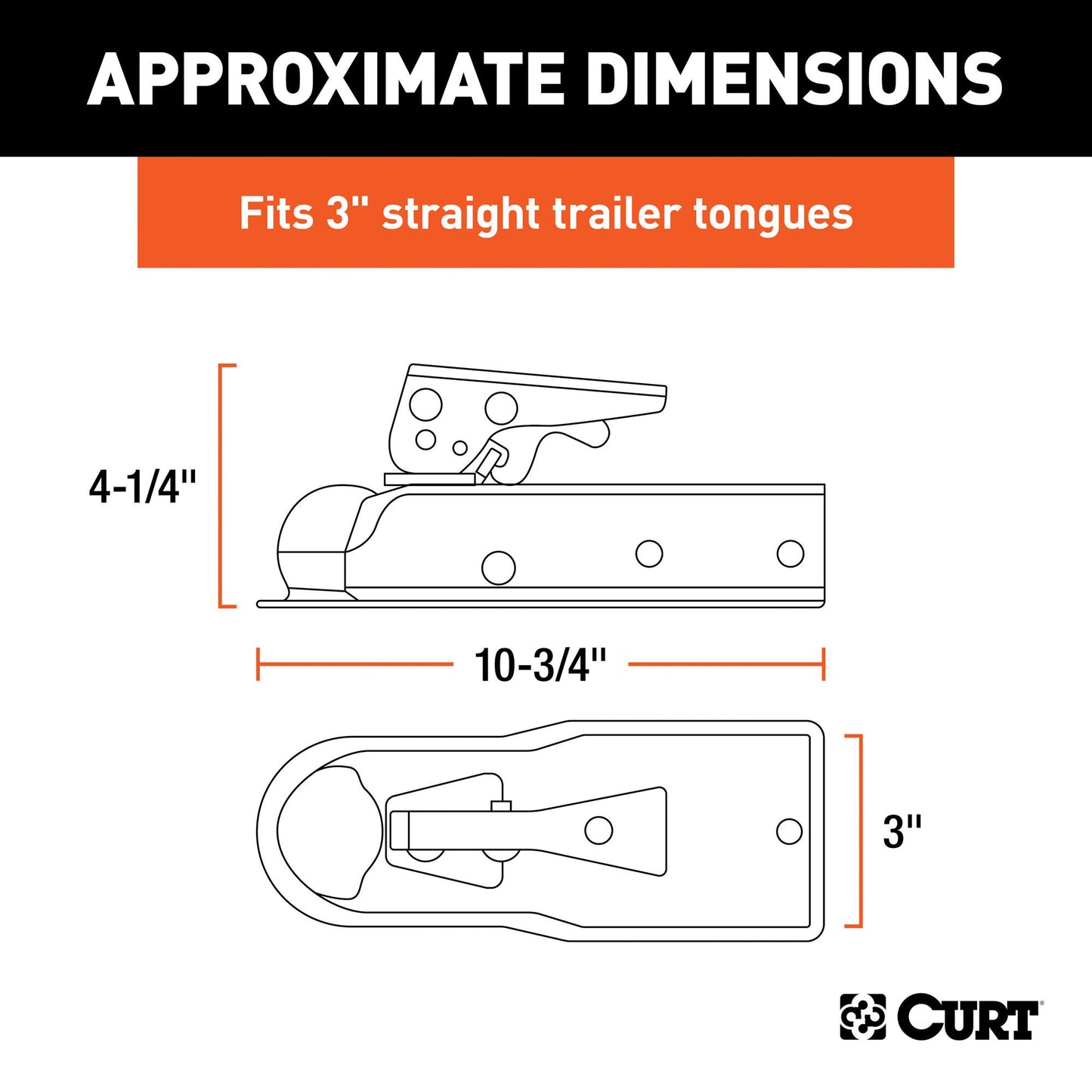 CURT 25138 Straight Tongue Trailer Coupler for 3-Inch Channel, 2-in Hitch Ball, 3,500 lbs