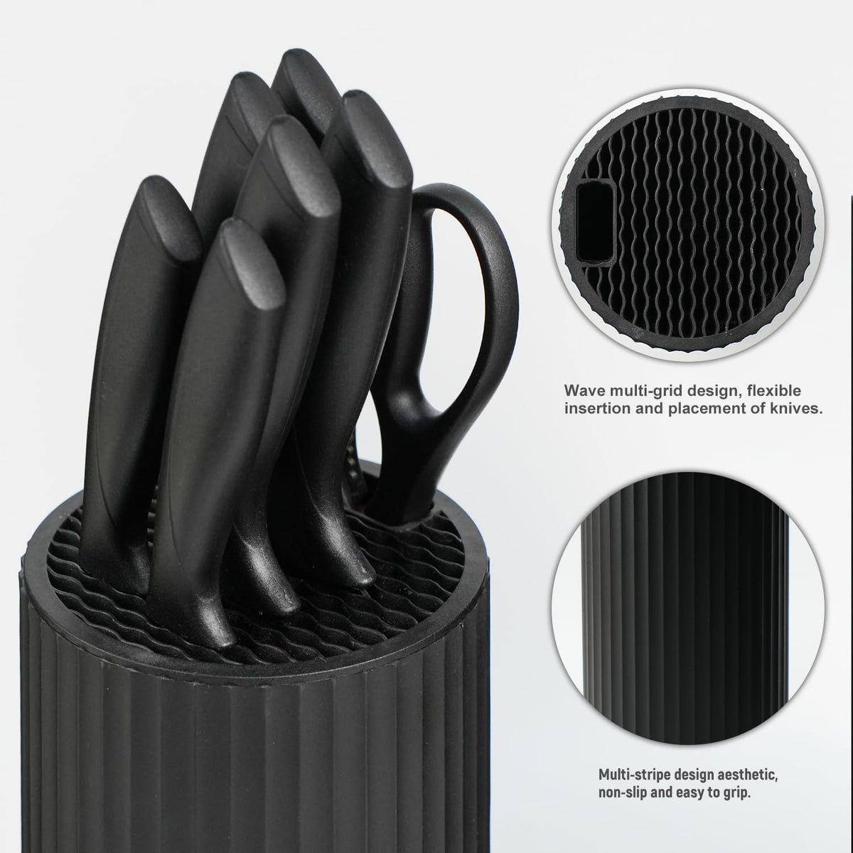 NULAS Knife Set, 8-Piece Kitchen Knife Set with Universal Block - Anti-Rust Chef Knives, Ergonomic Design, Dishwasher Safe (Black)