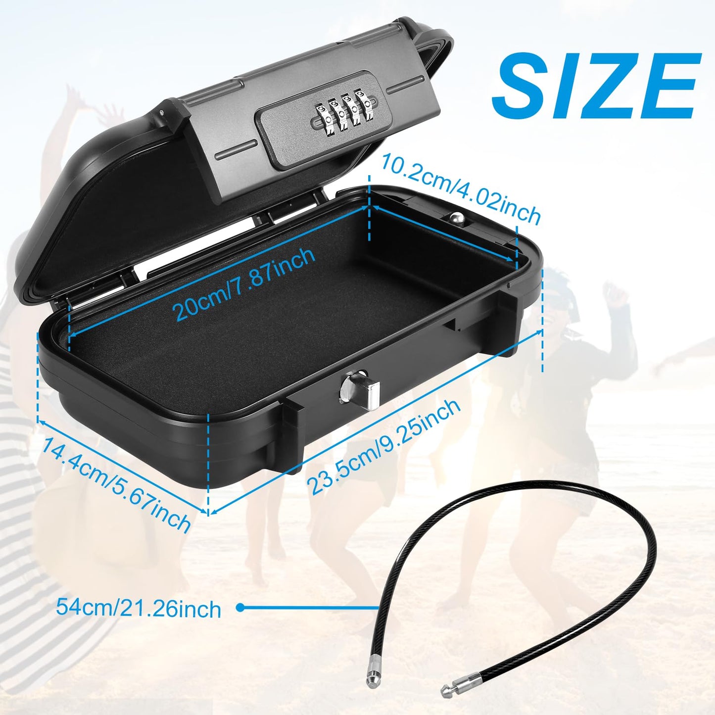 Travel Safe Portable Small Beach Safe Box with 4 Digital Combination Waterproof Security Case Lock Case with Removable Wire Rope Safety Box for Home Office Hotel Cars Travel