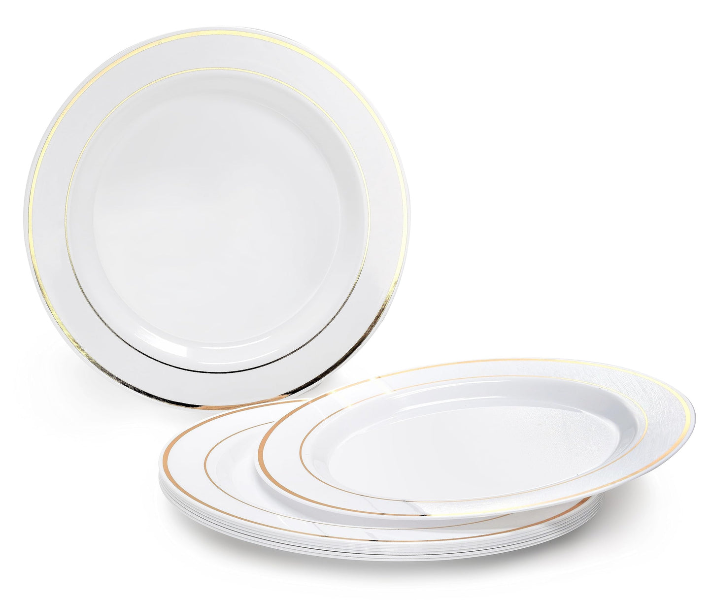 OCCASIONS 50 Plates Pack (25 Guests)-Heavyweight Wedding Party Disposable Plastic Plate Set -25 x 10.5 inch Dinner + 25 x 7.5 inch Salad/Dessert plates (White & Gold Rim)