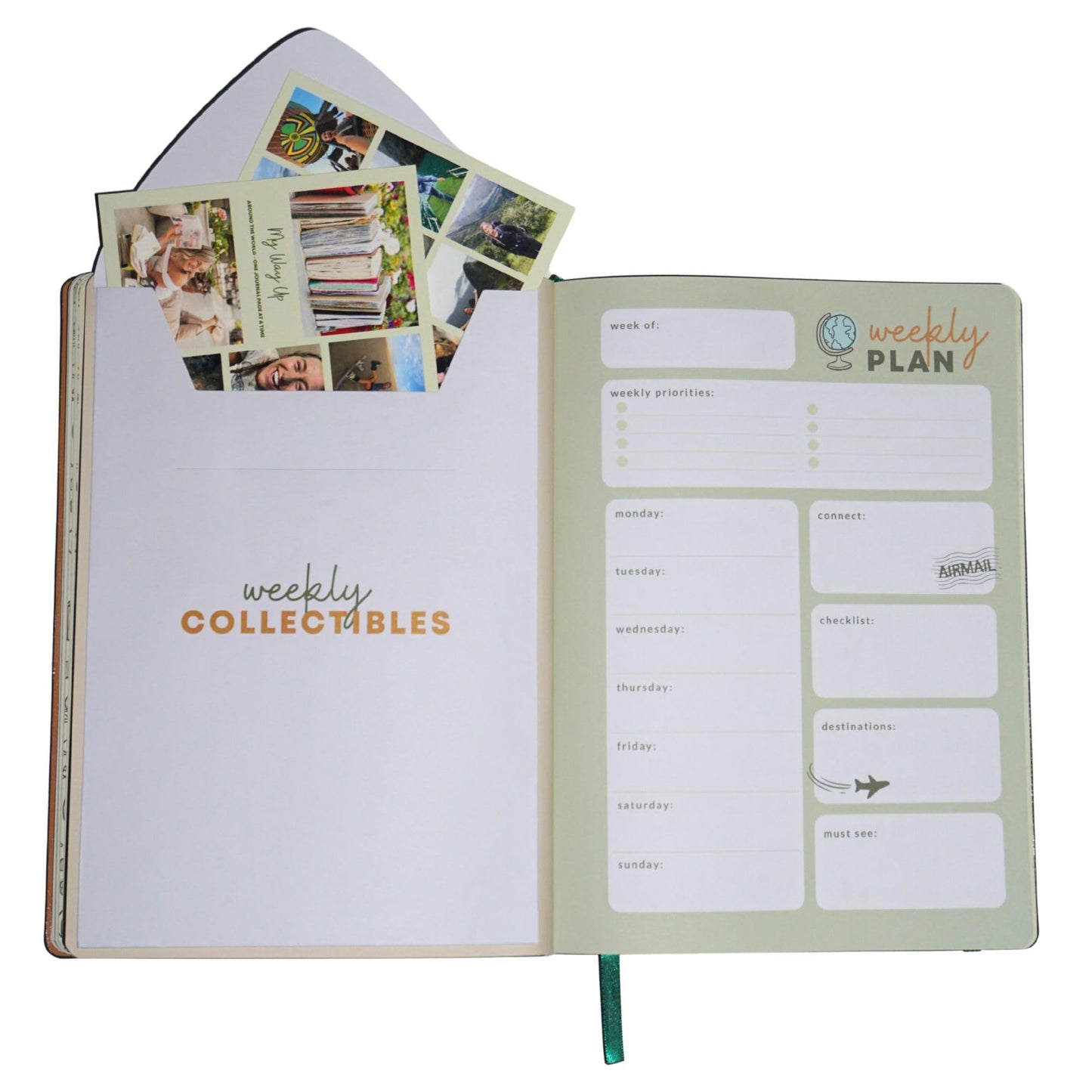My Way Up Guided Travel Journal with Weekly Pockets for Memorabilia and Journaling Prompt Stickers Green
