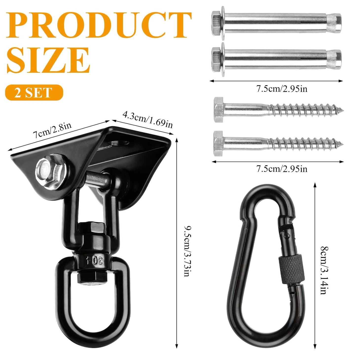 Supkiir 2 Set Hammock Hanging Kit, 360°Rotating Swing Hook, 1200 Lbs Capacity Heavy Duty Black Swing Hanger Hardware for Hanging Hammock Swings Aerial Yoga Boxing Sandbag on Wooden Concrete Ceiling