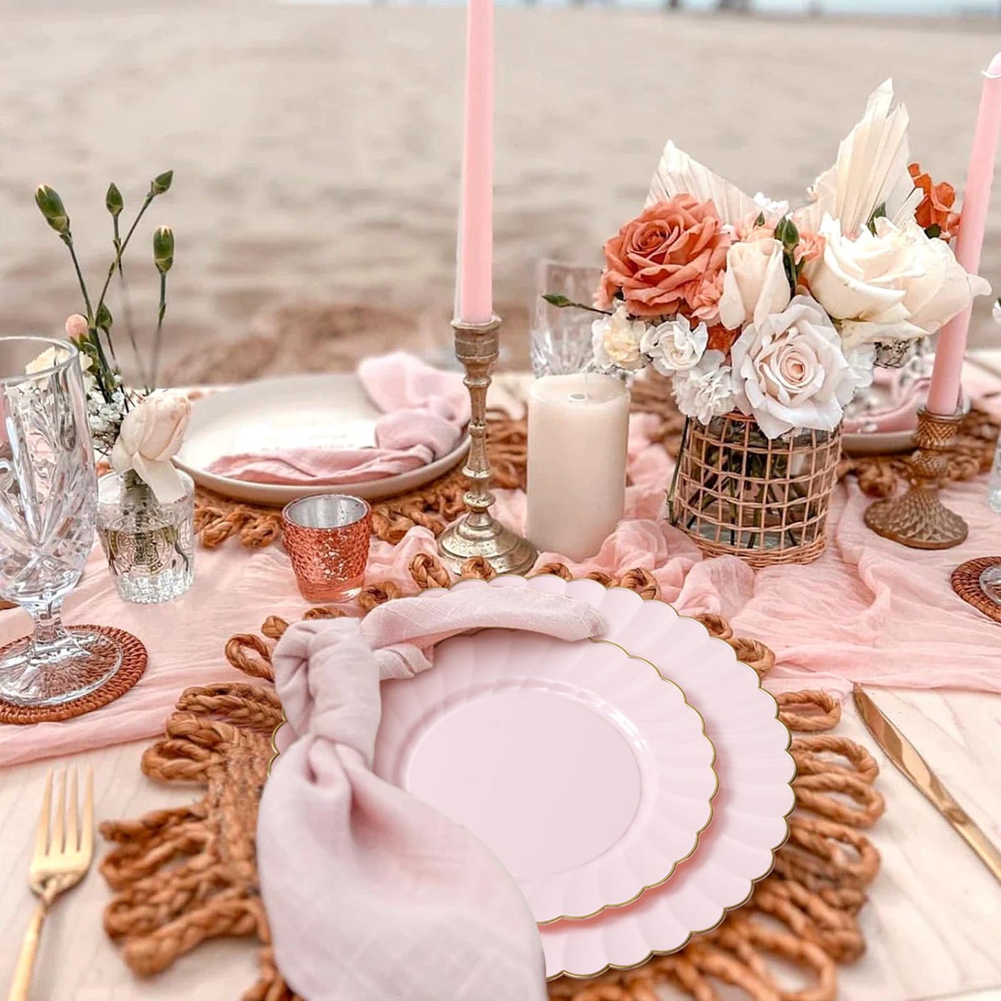 mwellewm 50 Pcs Pink Scalloped Plastic Plates Disposable Party Plates with Gold Rim 25pcs Fancy Decorative Dinner Plates 10" 25pcs Heavy Duty Dessert Plates 7.5" Perfect for Wedding Baby Shower