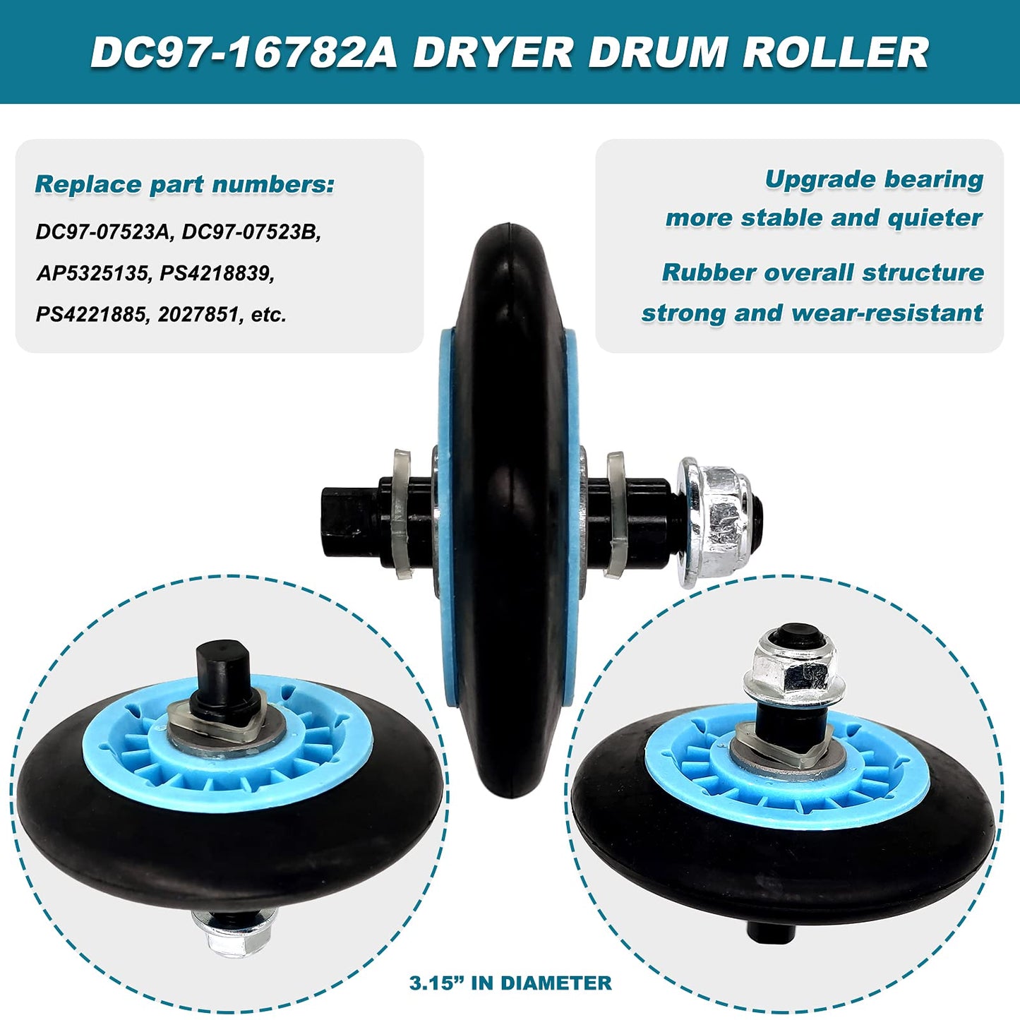 Dryer Drum Rollers DC97-16782A & Idler Pulley DC93-00634A & Drum Belt 6602-001655, Dryer Repair Kit for Samsung Belt Maintenance Kit Replace AP4373659 AP5325135 AP6038887 PS4133825 PS4221885