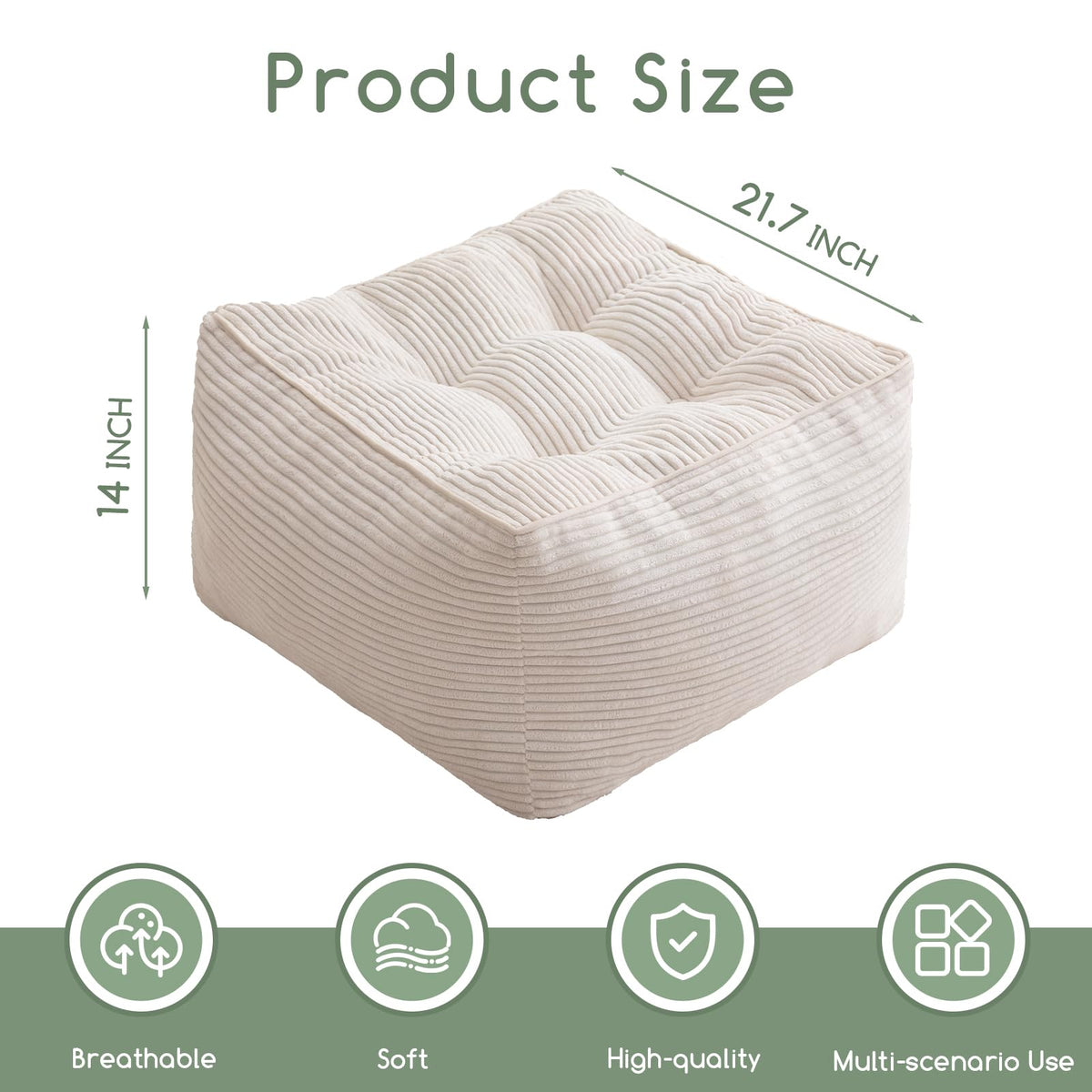 HIGOGOGO Square Stuffed Pouf Ottoman, Corduroy Poufs with Foam Chunk Filling, 21.5 X 21.5 Floor Poufs Foot Rest for Living Room,Beige