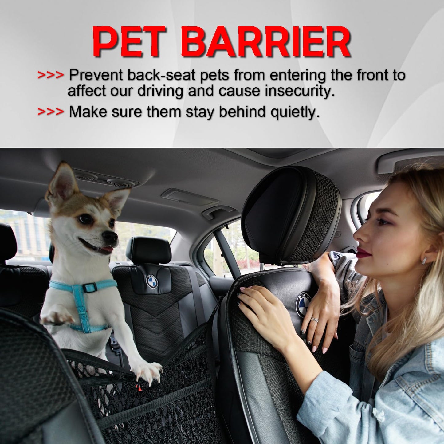 AMEIQ Car Accessories, Organizer Storage Between Front Seats, Purse Handbag Holder of 3 Layers Mesh Net Pocket Bag, Backseat Dog Pet Barrier