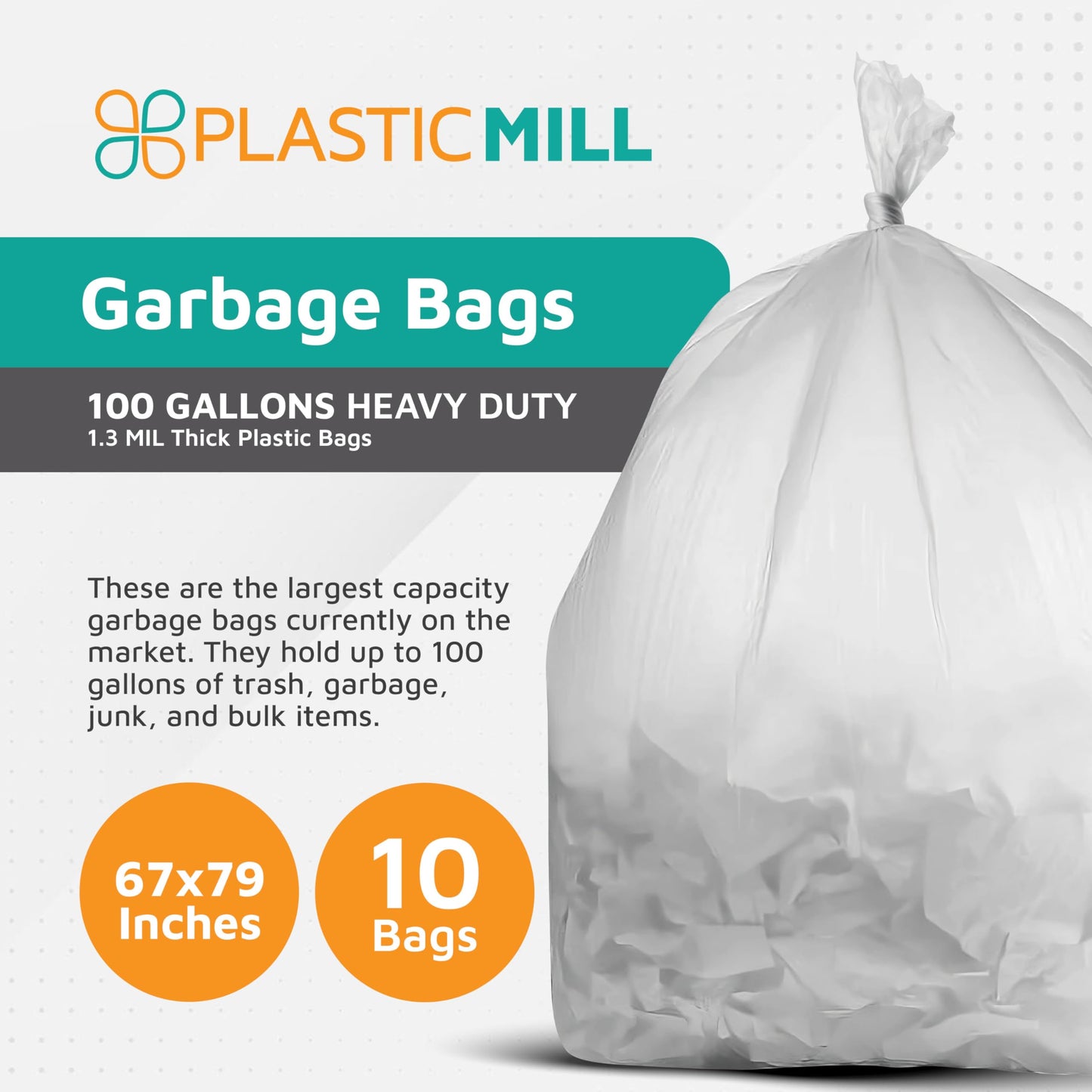 PlasticMill 100 Gallon, Clear, 1.3 Mil, 67x79, 10 Bags/Case, Garbage Bags/Trash Can Liners.