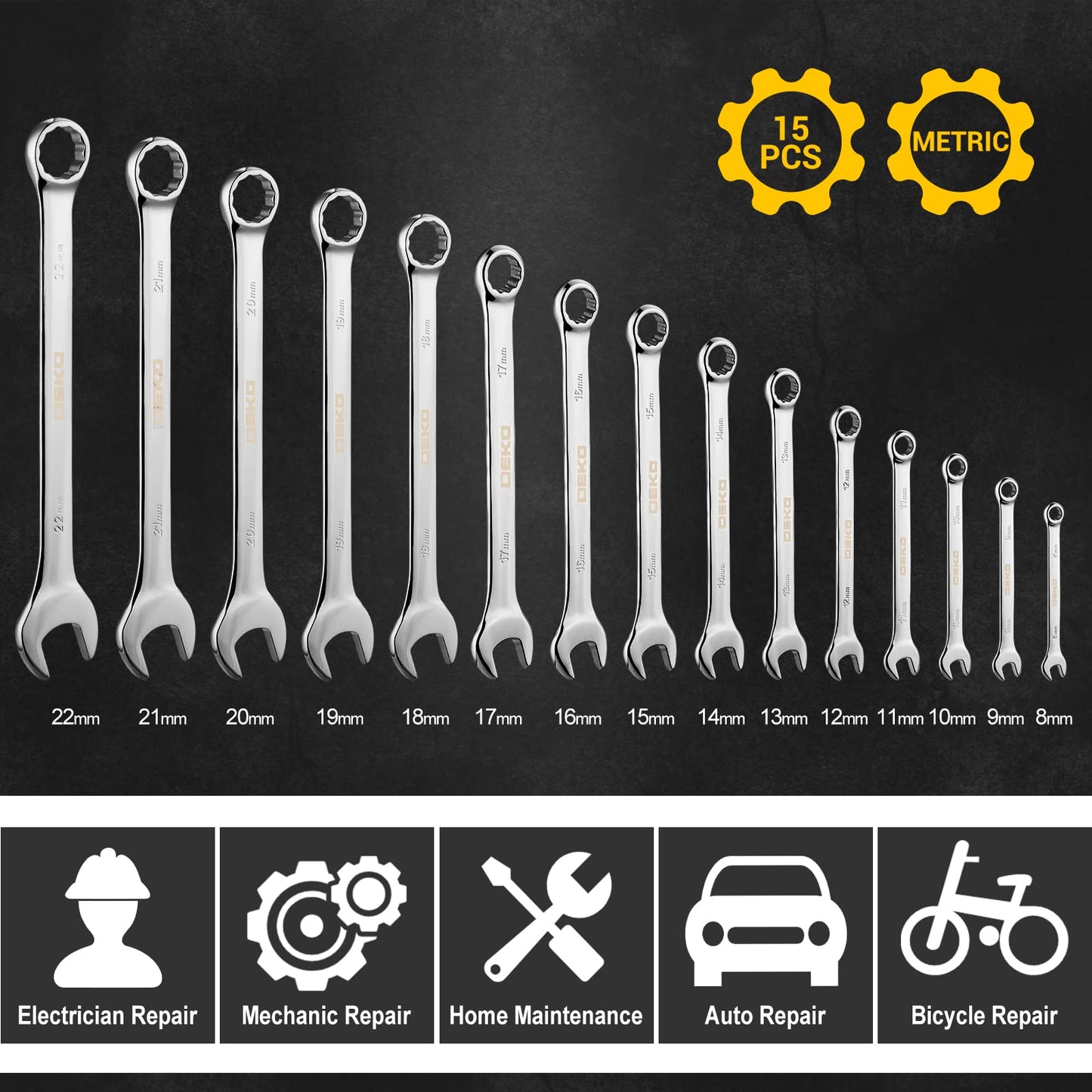 DEKOPRO Combination Wrench Set,Metric,15-Piece,8-22mm,Chrome Vanadium Steel, with Plastic Tray