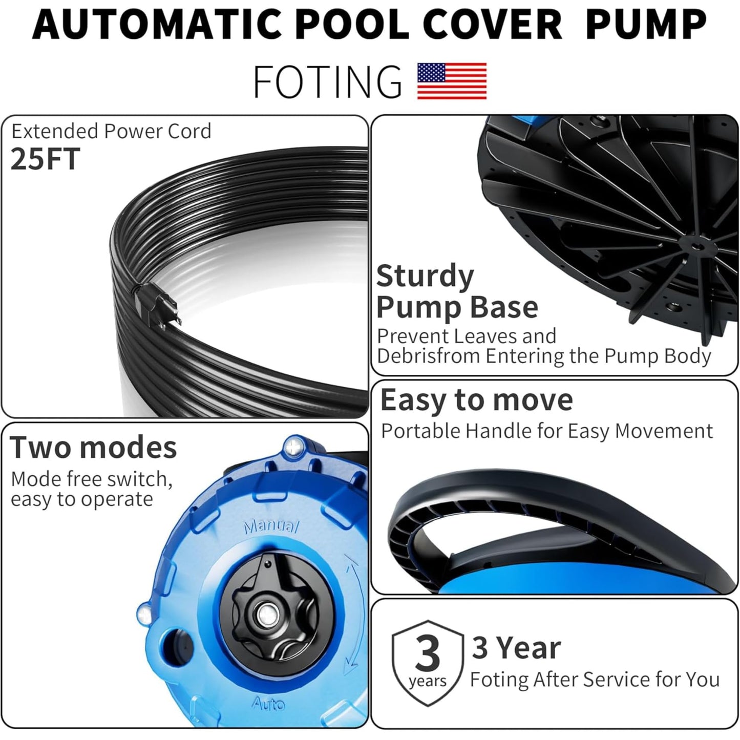 2025Upgraded 1/3 HP Automatic Swimming Pool Cover Pump 2250 GPH Submersible Water Pump, Water Removal with 3/4” Check Valve Adapter & 25ft Power Cord, Drainage for Ponds, Rooftops, Water Beds