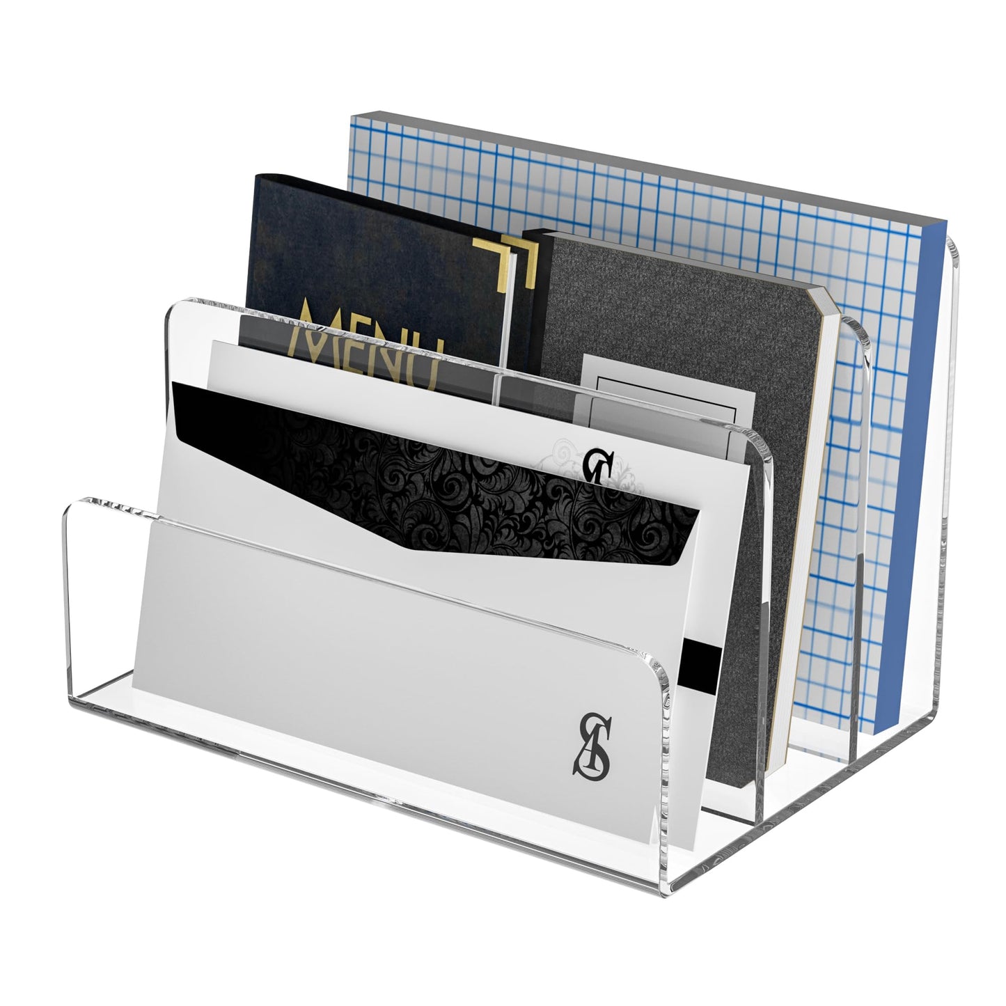 Sezanrpt Acrylic File Holder 3 Compartment, Clear Desk File Organizer, Office Magazine File Folder Organizer Desktop for Calculate, Books