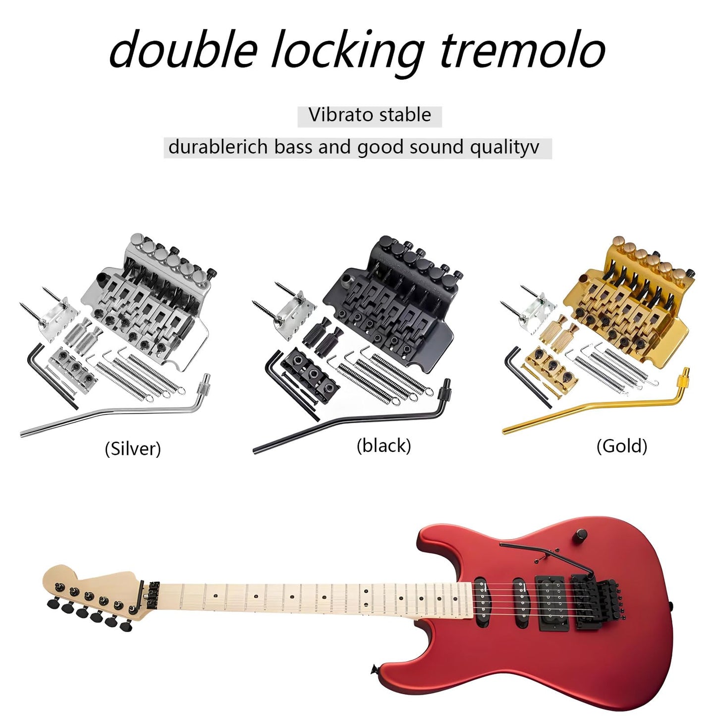 Double Locking Tremolo Bridge System with Arm - Compatible with Floyd Rose & Strat Replacement| Chrome Upgrade Kit for Electric Guitars (Gold)
