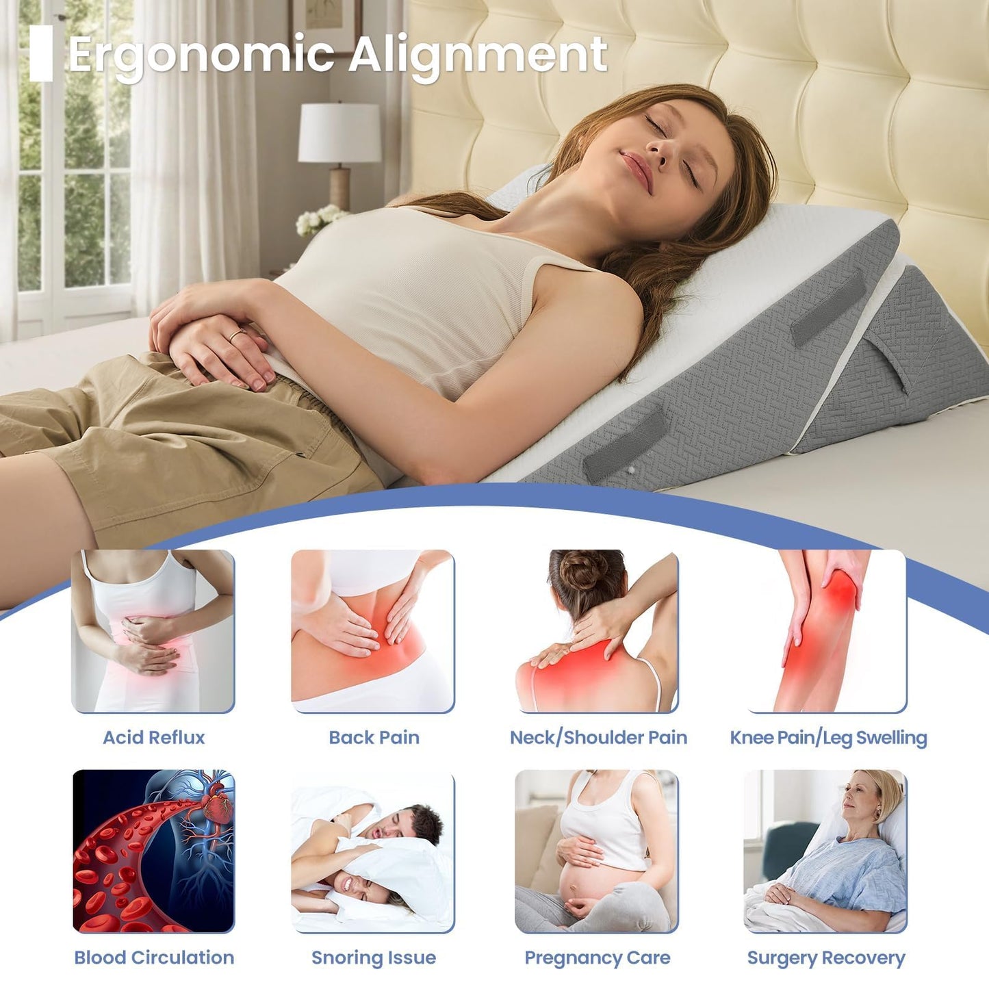 Sasttie Wedge Pillows for Adult, 3PCS Adjustable Bed Wedge Pillow for Post Surgery, Triangle Pillow Headboard with Bolster Cushion for Sleeping, Acid Reflux, Neck & Back Support, White and Dark Grey
