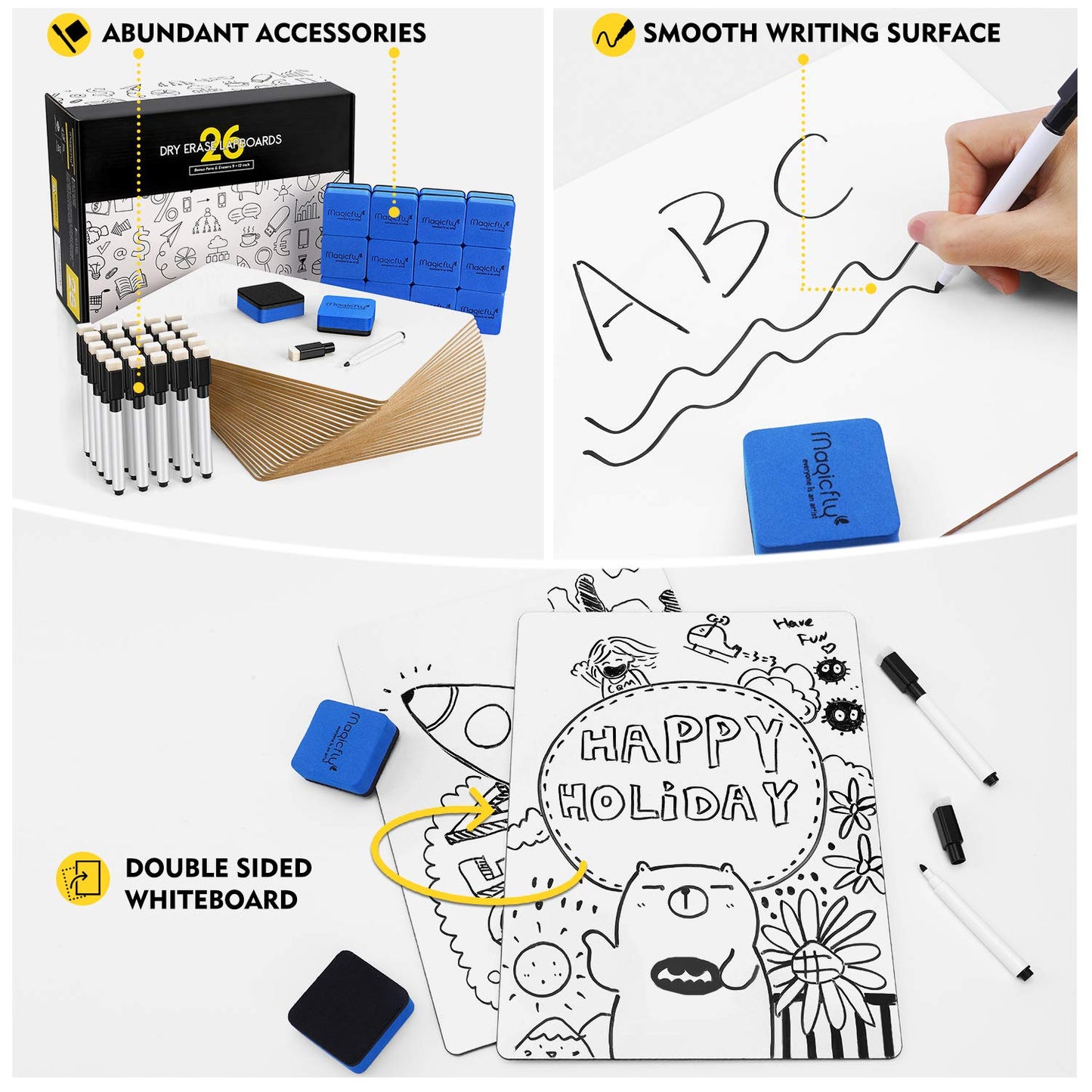 Magicfly Double-Sided Dry Erase Lap Boards for Classroom, Pack of 26 (9 x 12 Inches), Small & Portable Classroom Whiteboard Set with 32 Pens and 26 Erasers for Students, Kids, Office Use