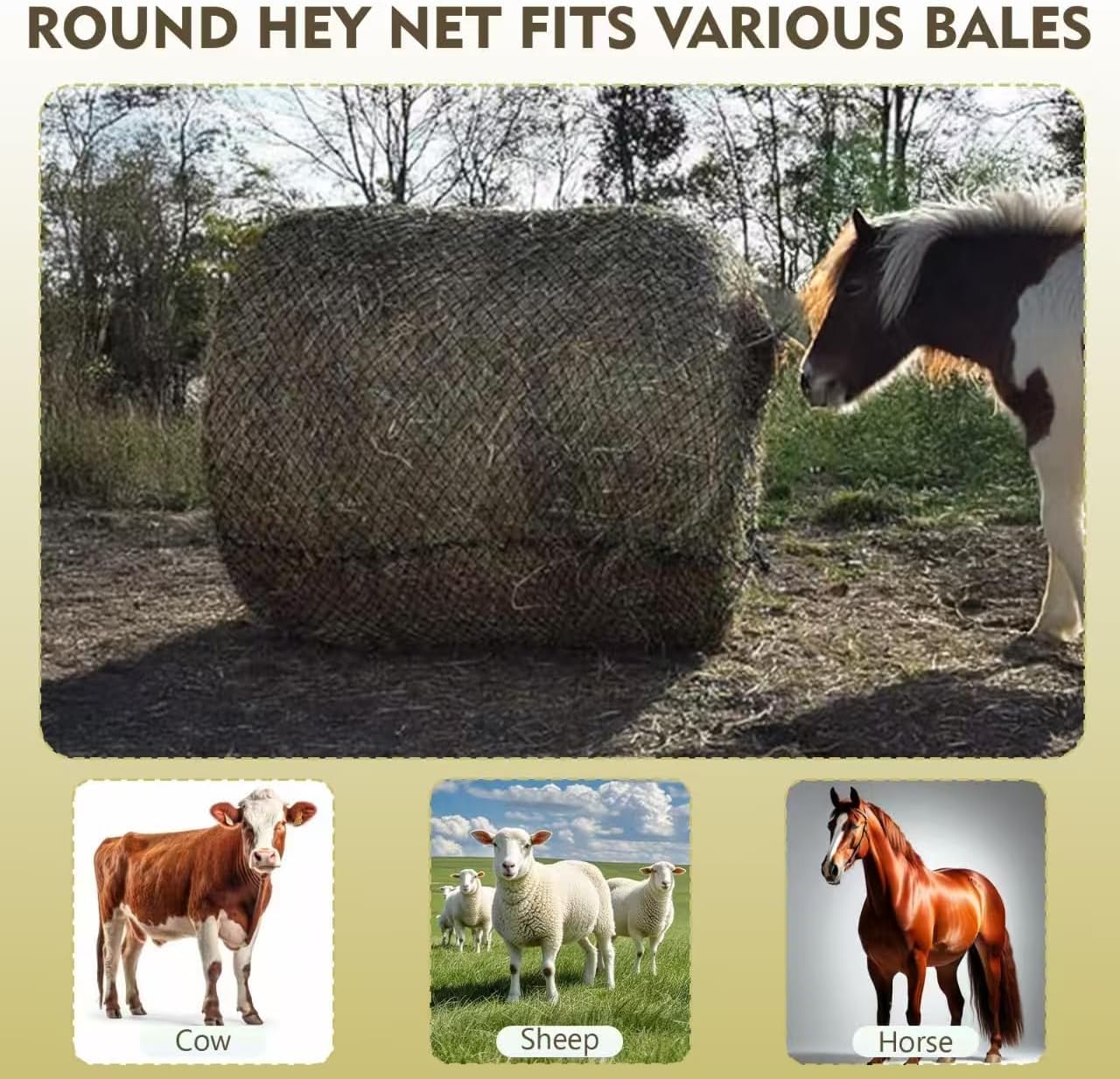 ASRJKIE 6x6ft Round Bale Hay Net for Horses, Round Bale Feeder with Hay Net Repair Tool for Livestock, Slower Feed Hay Net for Farm Countryside, Cow, Goats