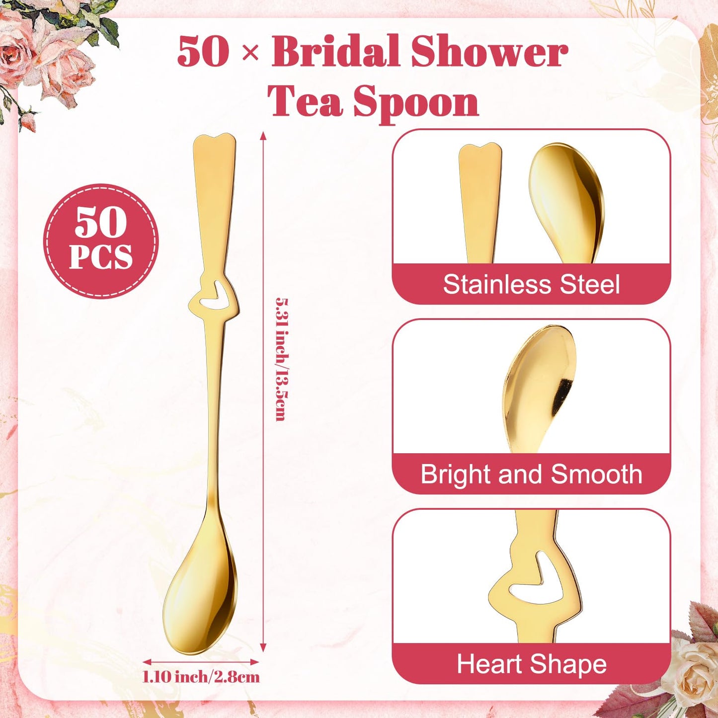 Skybooly 50 Sets Bridal Shower Tea Party Favors for Guests Mini Coffee Spoons Small Spoons Heart Spoon with Teapot Idea Thank You Cards and Hemp Rope Wedding Souvenirs Tea Party Supplies