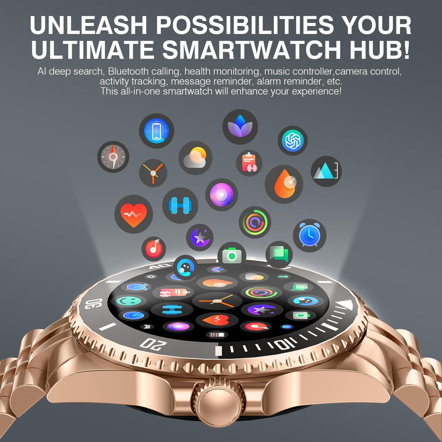 2025 DA GPT Smart Watch, Deep Search, Heart Rate, Stress, Blood Oxygen, Sleep Monitor, 107 Sports Modes, Waterproof Round Watch, 1.19-inch AMOLED Display, Compatible Android and iOS Gold Metal