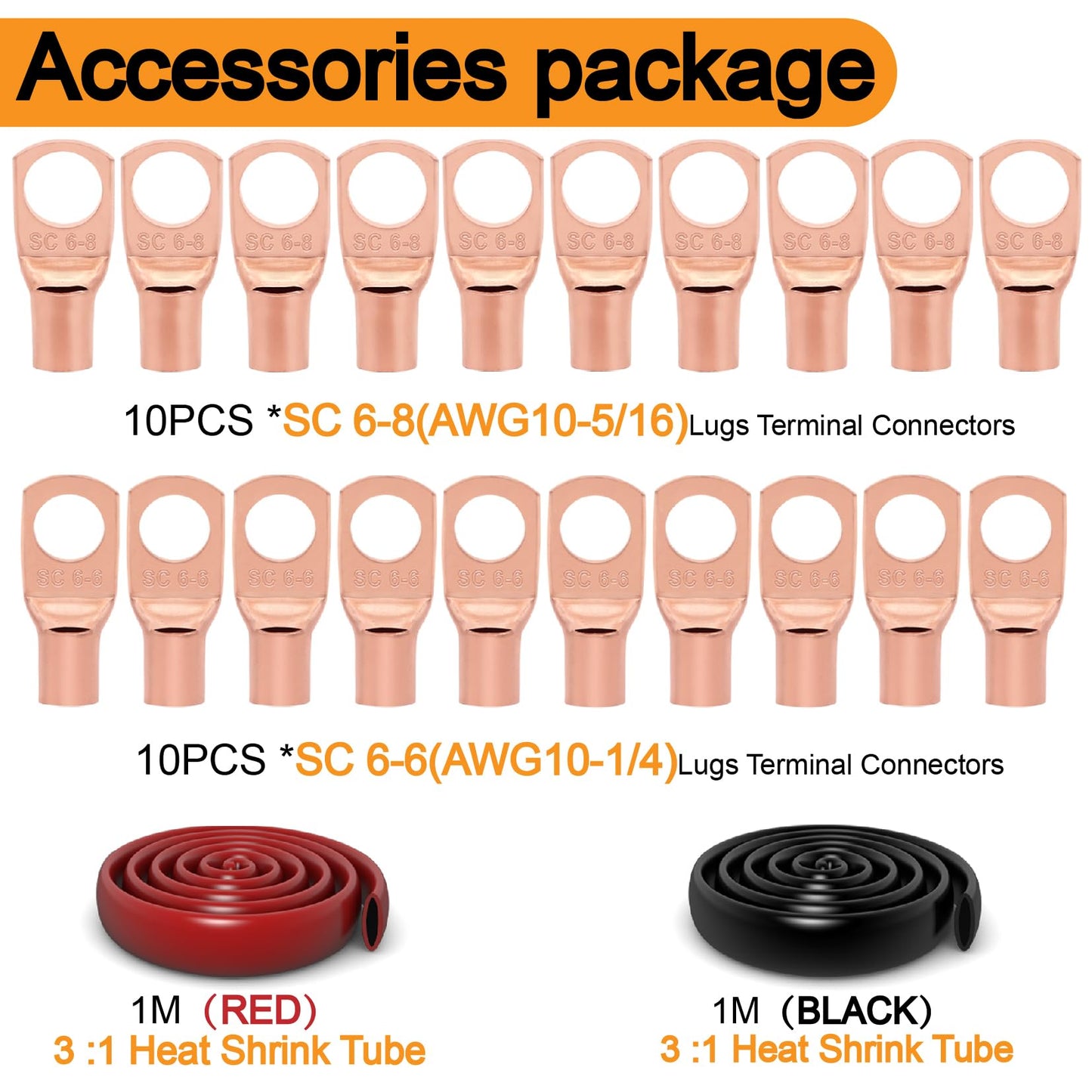 10 Gauge Wire (100ft Each- Black/Red) Copper Clad Aluminum CCA,20 pcs Lugs Terminal Connectors with 3:1 Heat Shrink Tube for Power/Auto,Amplifier,Ground Cable