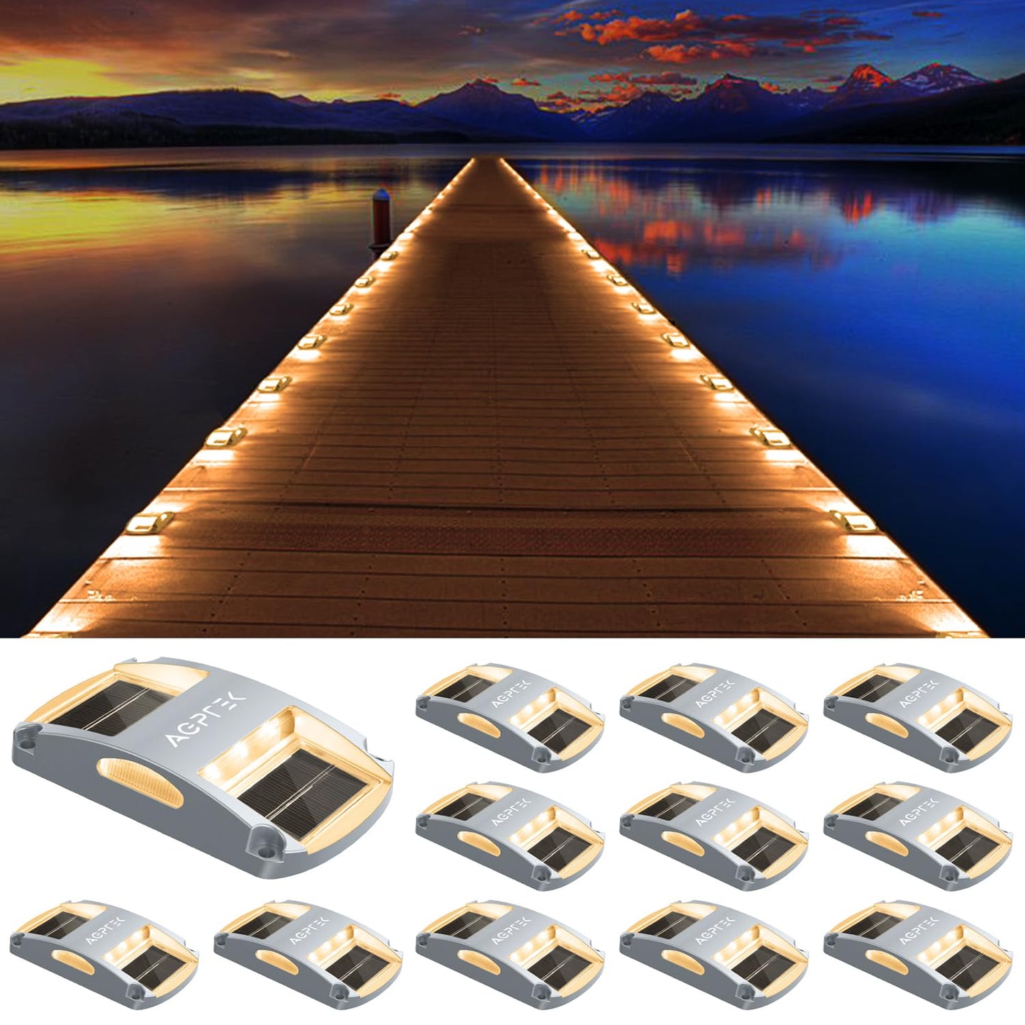 Solar Deck Lights Outdoor, AGPTEK Solar Driveway Dock Lights Marker Lights Waterproof Warning Step Lights for Sidewalk Stair Driveway Garden Pathway Walkway Yard