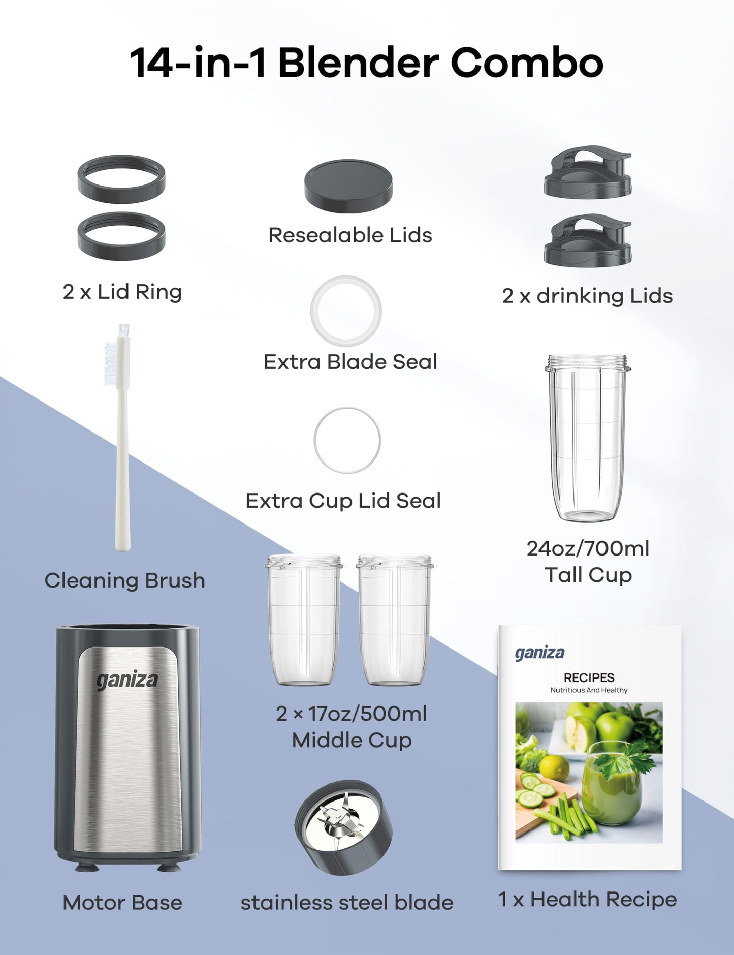 Ganiza Blender for Smoothie, 14 Pcs Smoothie Blender for Kitchen, Countertop Blender with 3 Non-BPA Portable Blender Cup and Cleaning Brush for Baby Food, Shakes, Vegetable, Nutritious Recipe,GREY