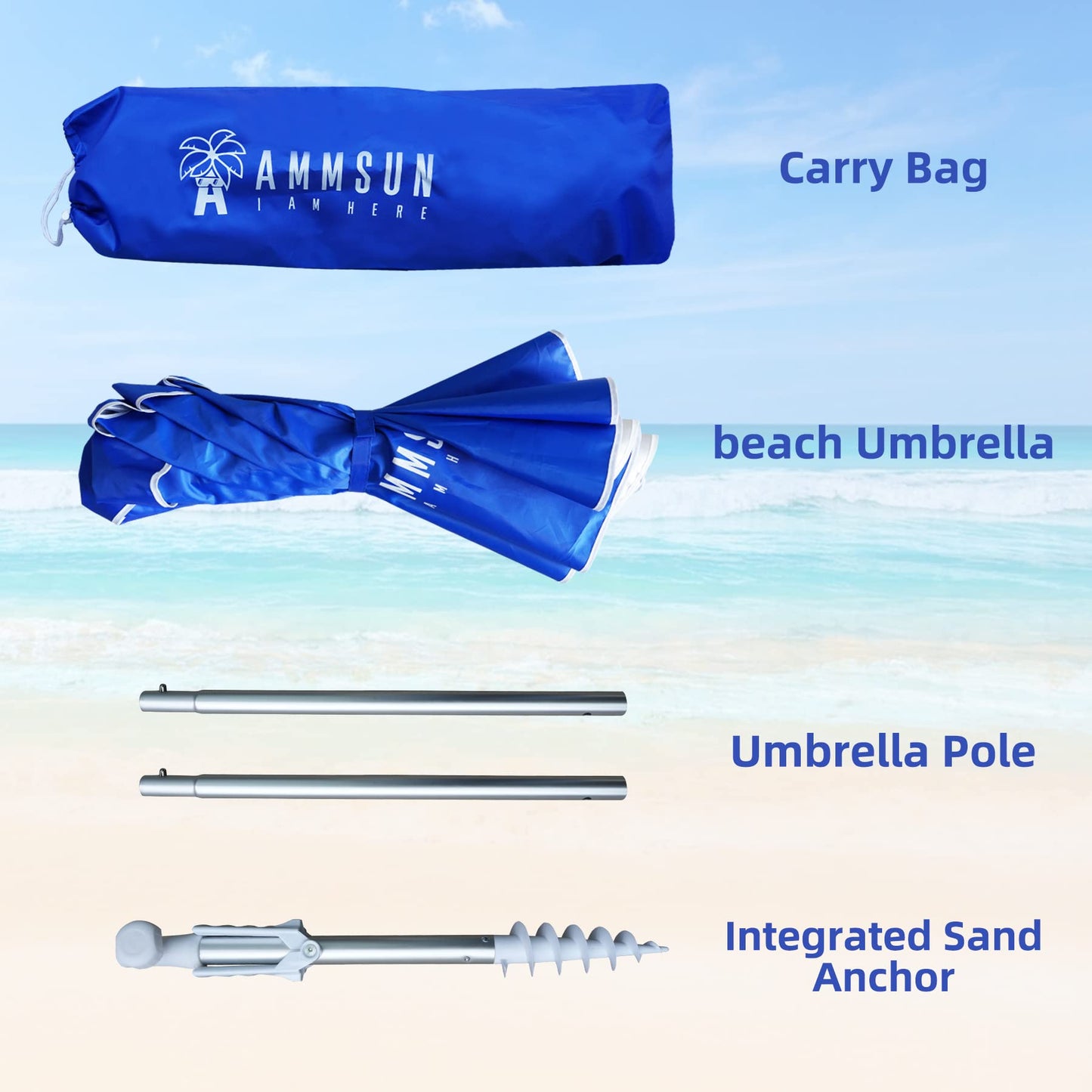 AMMSUN 6ft Folded Portable Travel Beach Umbrella with Sand Anchor, Tilt and Air vent UPF 50+UV Protection fit in suitcase Portable Compact Foldable beach umbrella for Patio Garden Beach Pool Blue