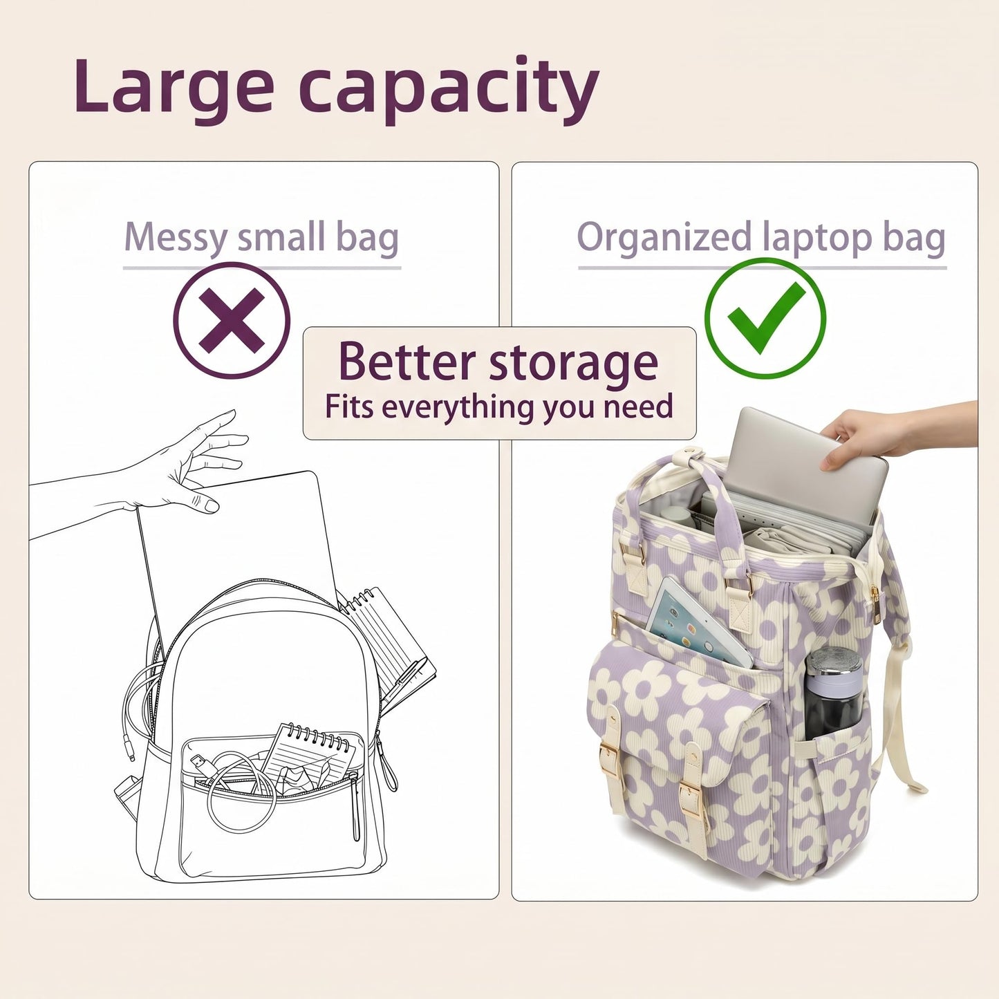 Corduroy Laptop Backpack for Women 15.6 Inch Stylish College School Bookbag, Business Work & Travel Computer Backpacks (Large Floral Purple)