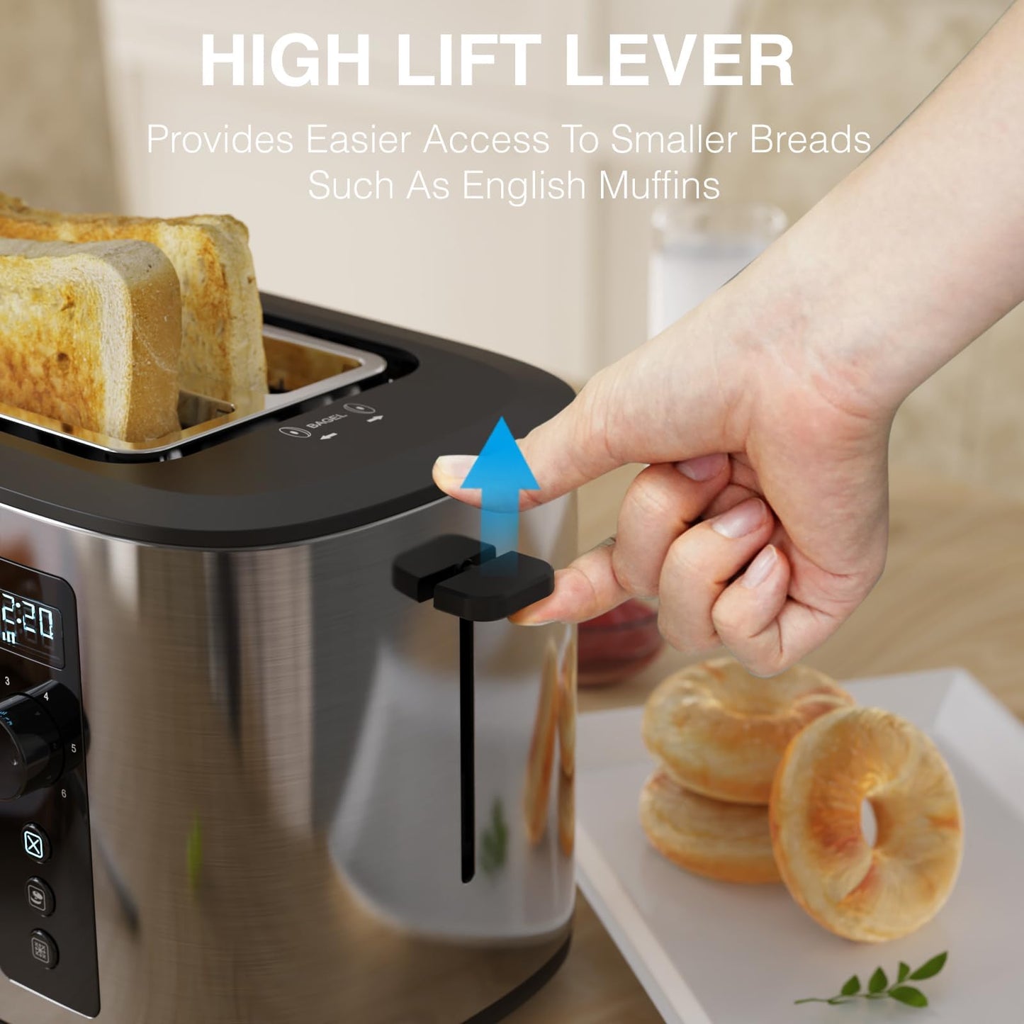 Anfilank Long Slot 4 Slice Toaster, Countdown Timer, 6 Browning Settings, Cancel/Bagel/Defrost Functions, Built-in Warming Rack, Removable Crumb Tray, Extra-Wide Long Slots - Stainless Steel