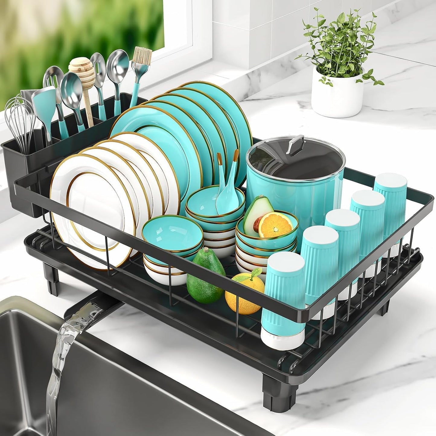 MERRYBOX Dish Racks with Drain Board -2 Tier Large Dish Drying Rack for Kitchen Counter, Dish Drainers with Large Utensil Holder,Cup Holder and Cutting Board Holder