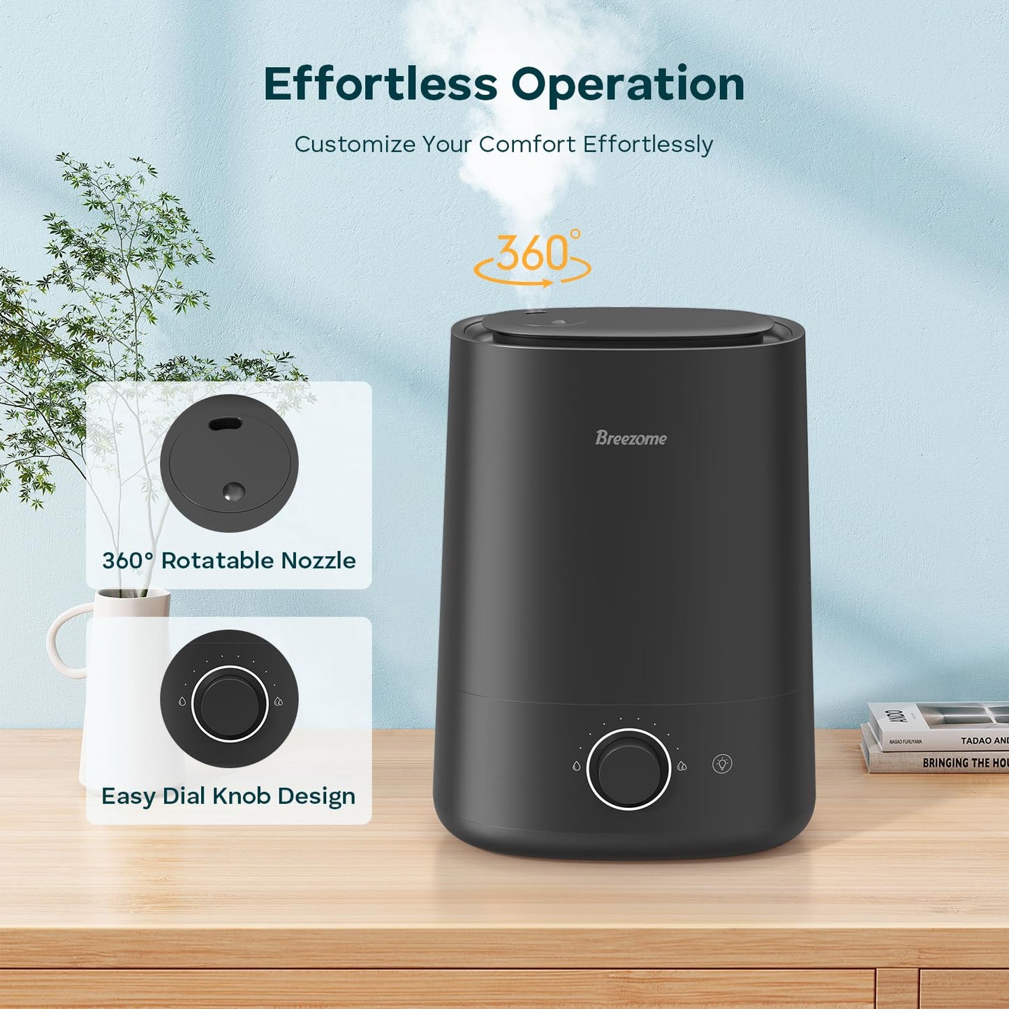 BREEZOME Humidifiers for Bedroom Large Room, 5L Cool Mist Top Fill Humidifier & Aroma Diffuser with Auto Shut-off, 360°Nozzle, 50H Runtime, Quiet Ultrasonic Humidifiers for Baby Nursery, Plants, Home
