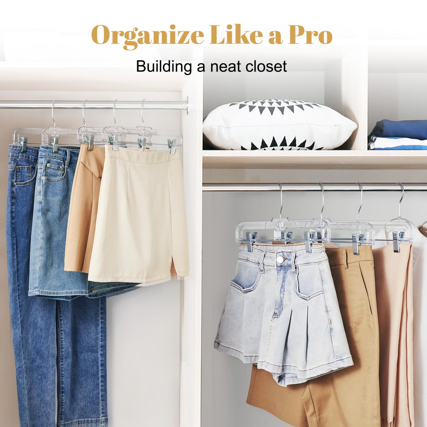 House Day Clear Skirt Hangers with Clips, Non-Slip Pants Hangers for Closet, Clip Hanger for Pant, Skirts, Shorts, 14'' Clear Plastic Hanger, Pack of 25