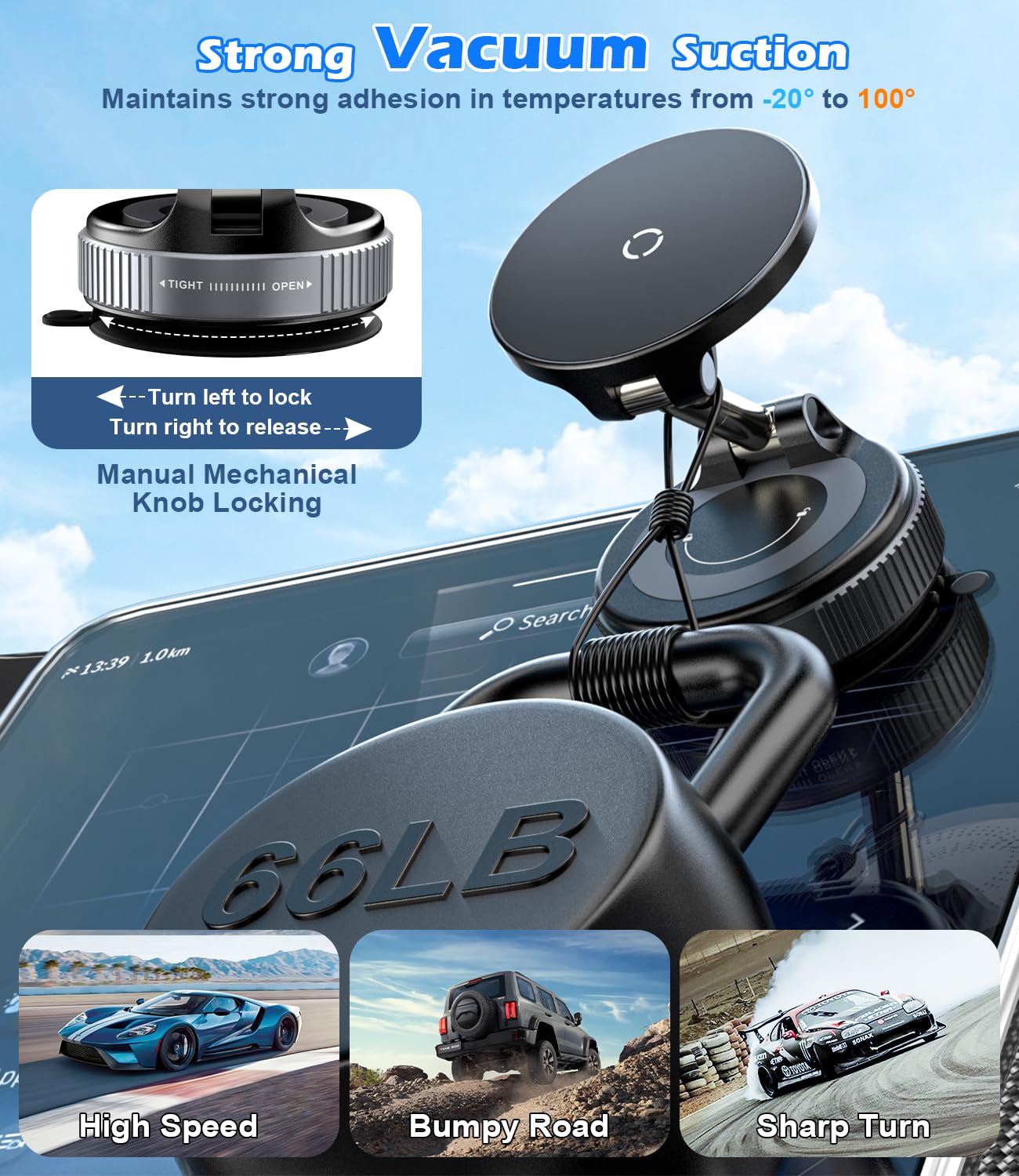 ALAFLY 15W Fast Charger Car Phone Holder Mount, Wireless Magnetic Holder with Strong Vacuum Suction, 360° Adjustable Foldable Car Mount with MagSafe for Dashboard/Windshield for iPhone 17/16/15/14/13
