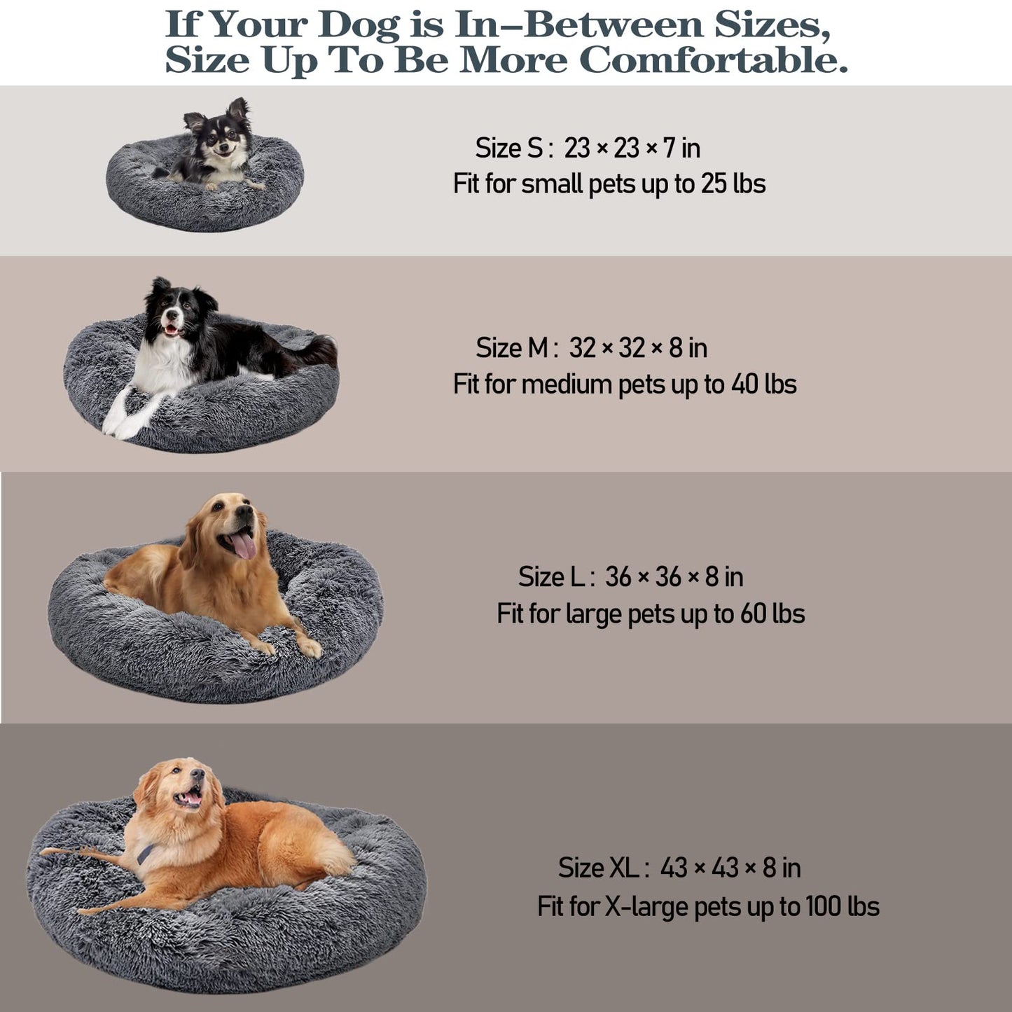 Dog Bed, Calming Donut Washable Pet Bed for Large Dogs up to 60lbs, Anti Anxiety Long Plush Faux Fur Round Dog Bed with Non-Slip Bottom
